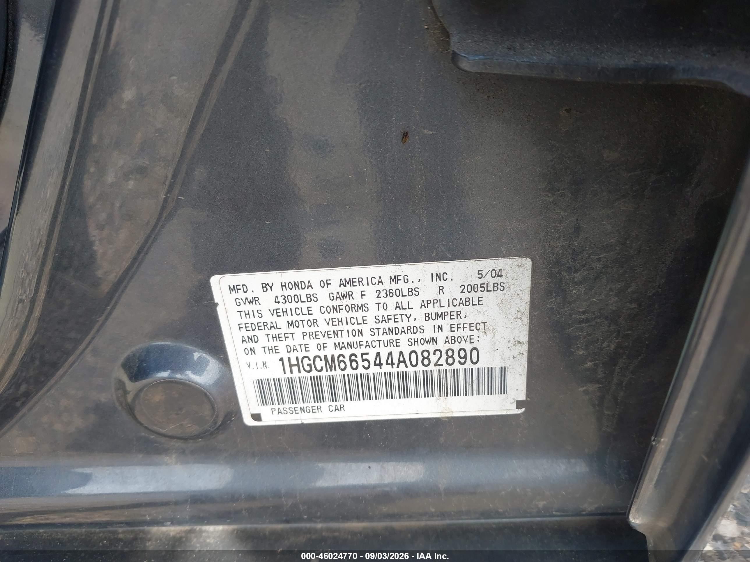 2004 Honda Accord 3.0 Ex Синий vin: 1HGCM66544A082890