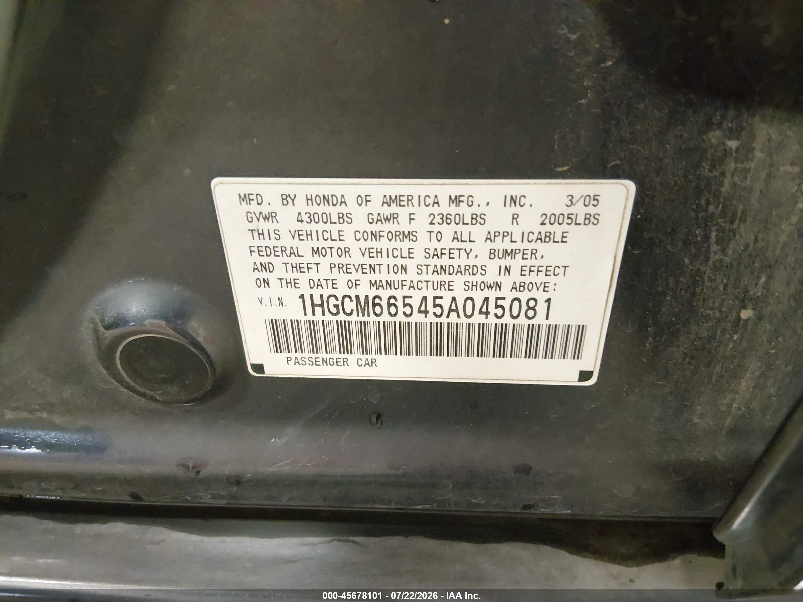 2005 Honda Accord 3.0 Ex Gray vin: 1HGCM66545A045081