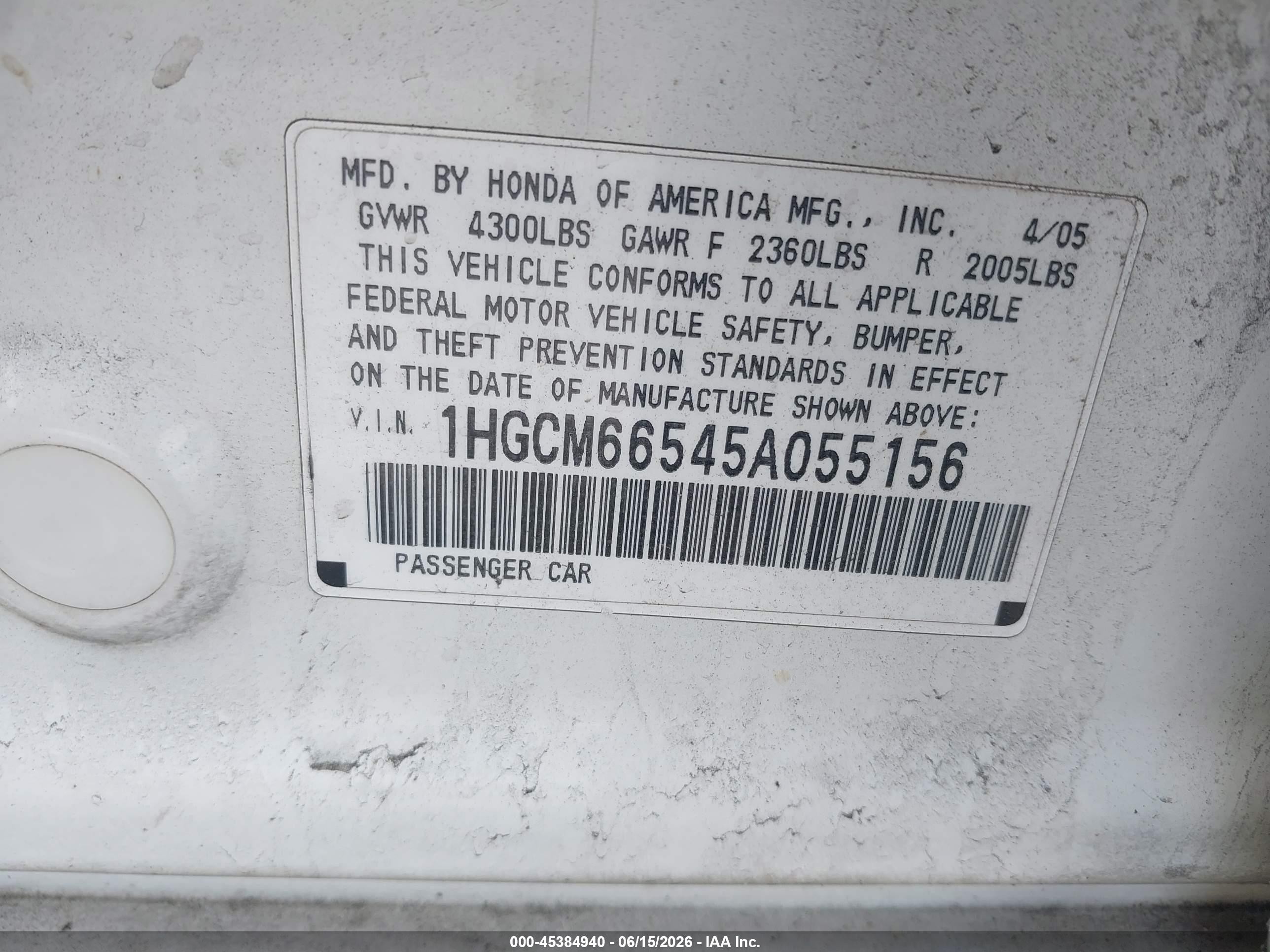2005 Honda Accord 3.0 Ex White vin: 1HGCM66545A055156