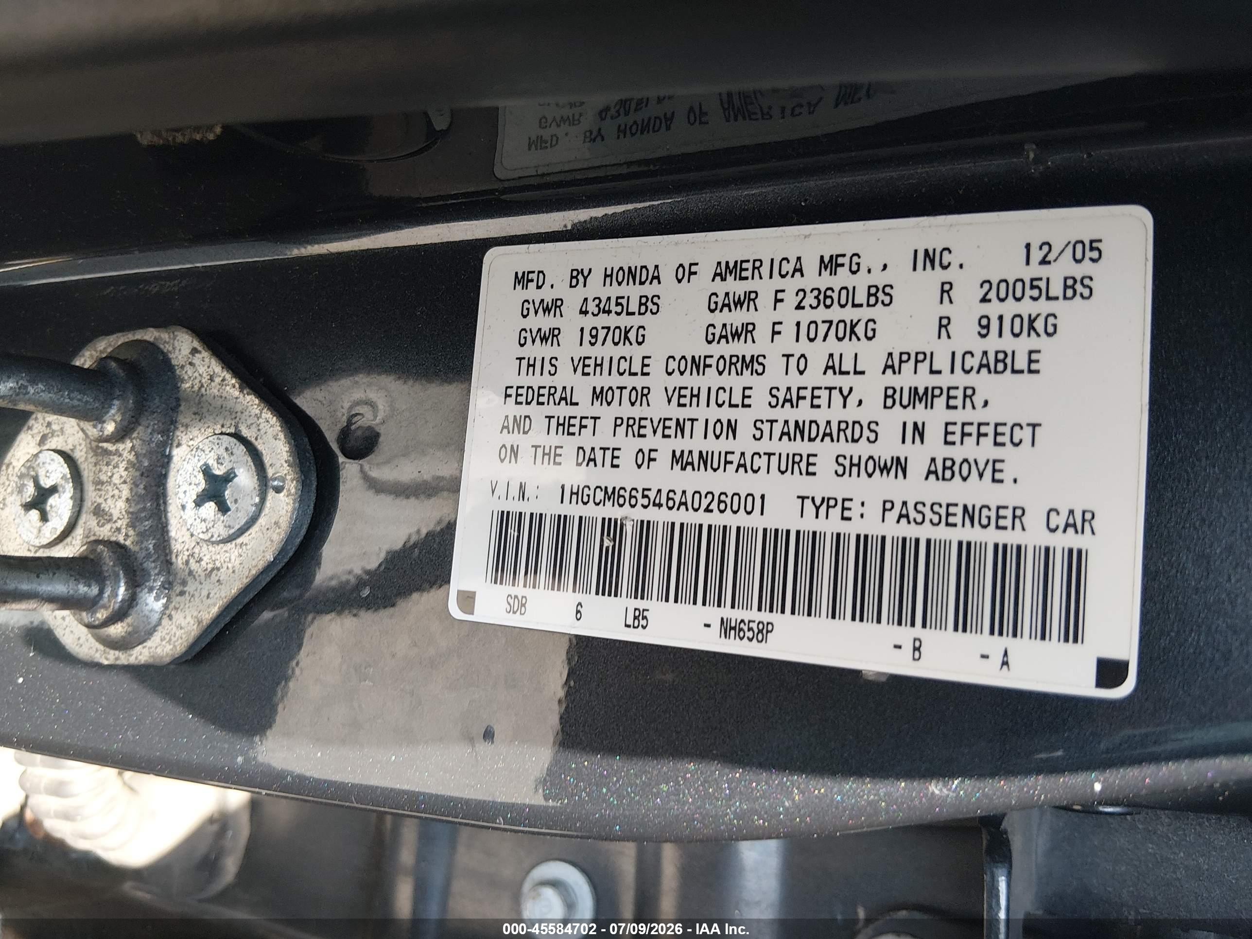 2006 Honda Accord 3.0 Ex Blue vin: 1HGCM66546A026001