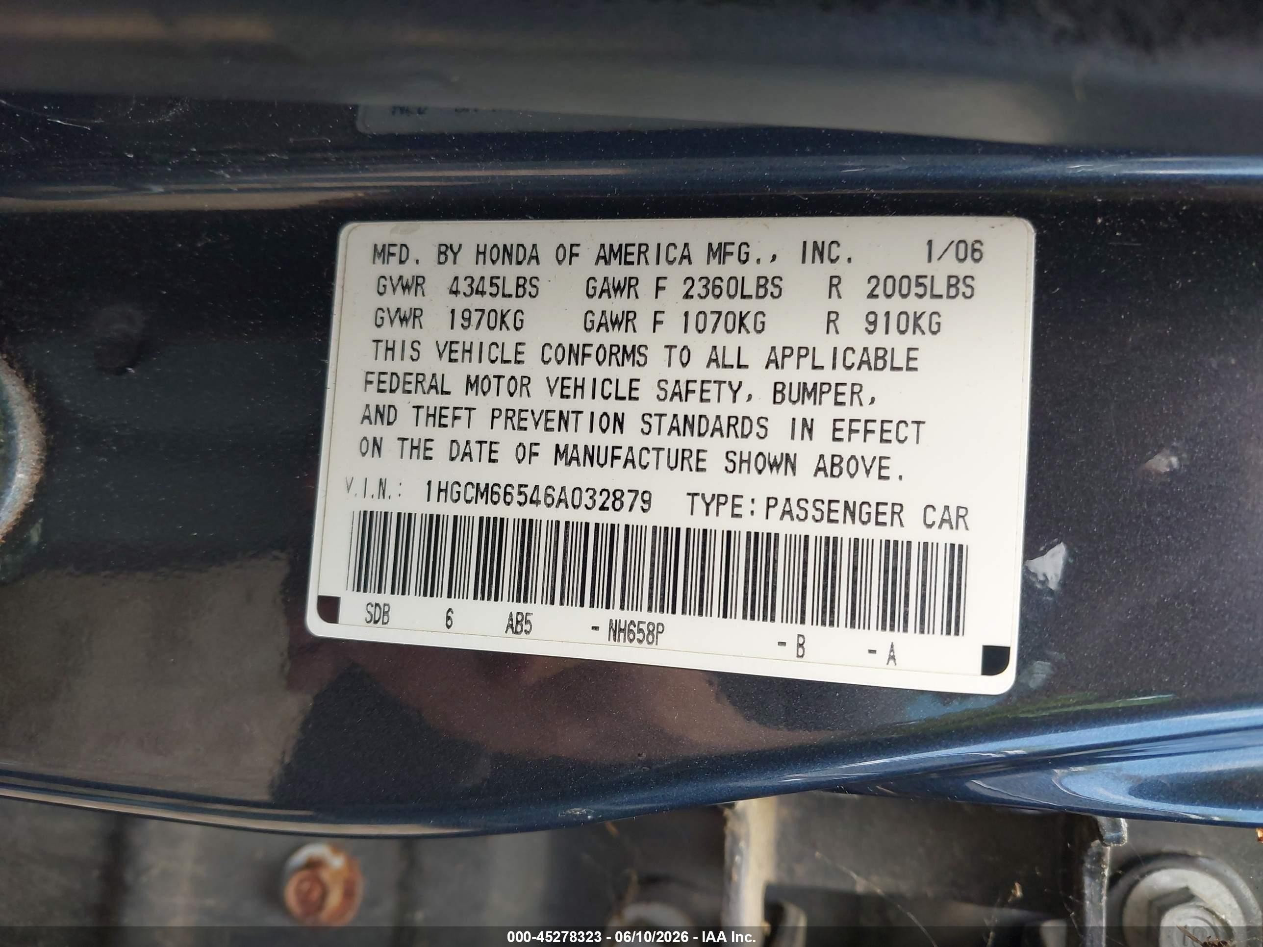 2006 Honda Accord 3.0 Ex Серый vin: 1HGCM66546A032879