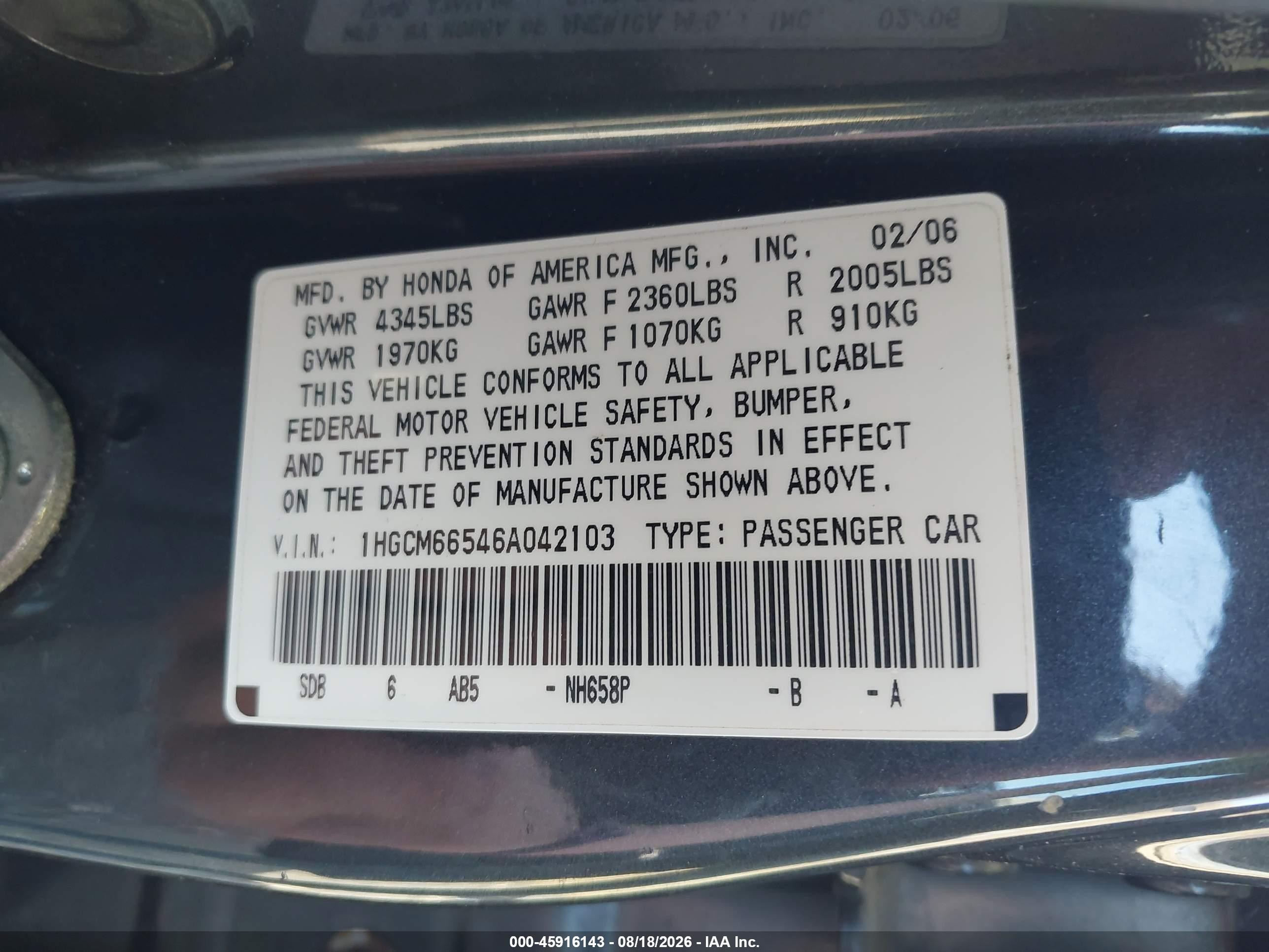 2006 Honda Accord 3.0 Ex Gray vin: 1HGCM66546A042103