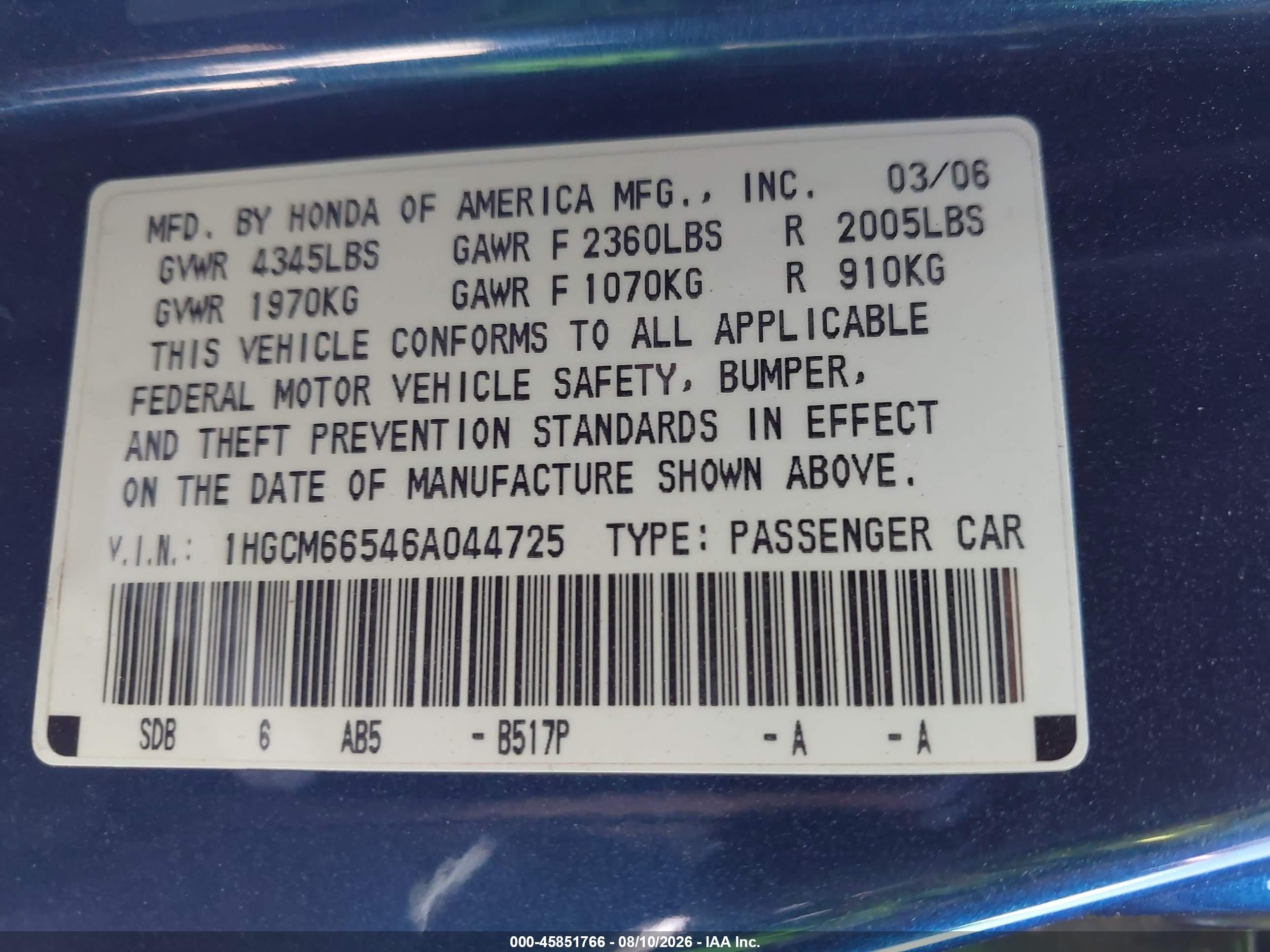 2006 Honda Accord 3.0 Ex Blue vin: 1HGCM66546A044725