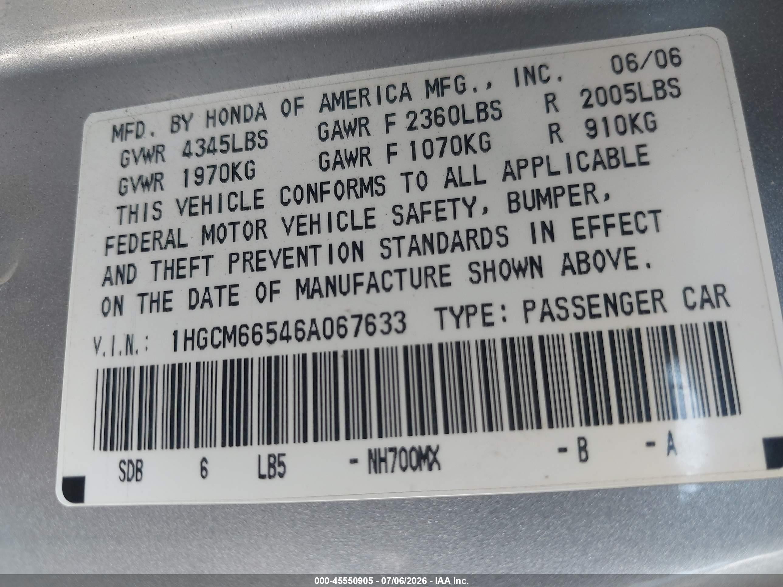 2006 Honda Accord 3.0 Ex Silver vin: 1HGCM66546A067633