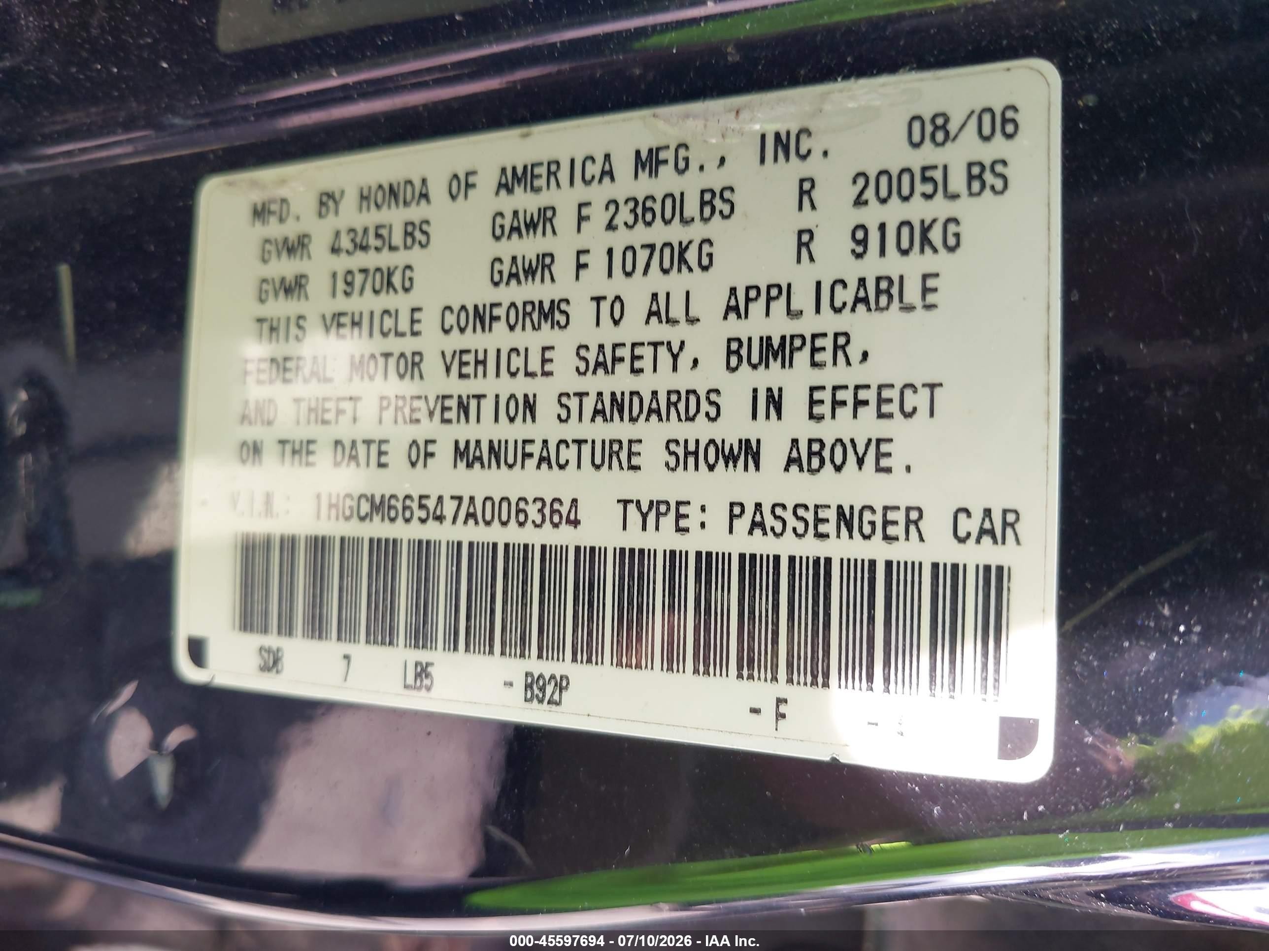 2007 Honda Accord 3.0 Ex Black vin: 1HGCM66547A006364