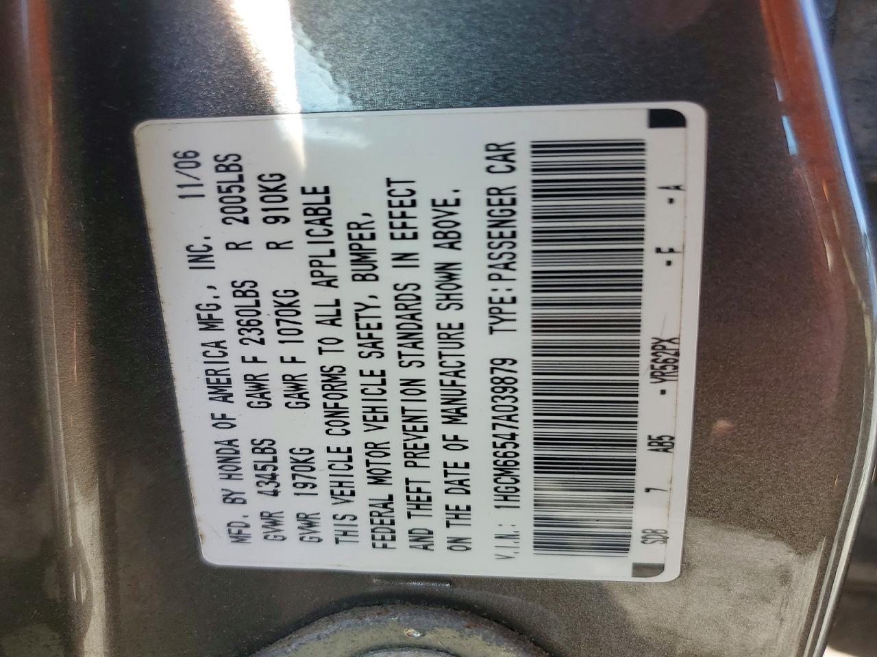 2007 Honda Accord Ex Gray vin: 1HGCM66547A039879