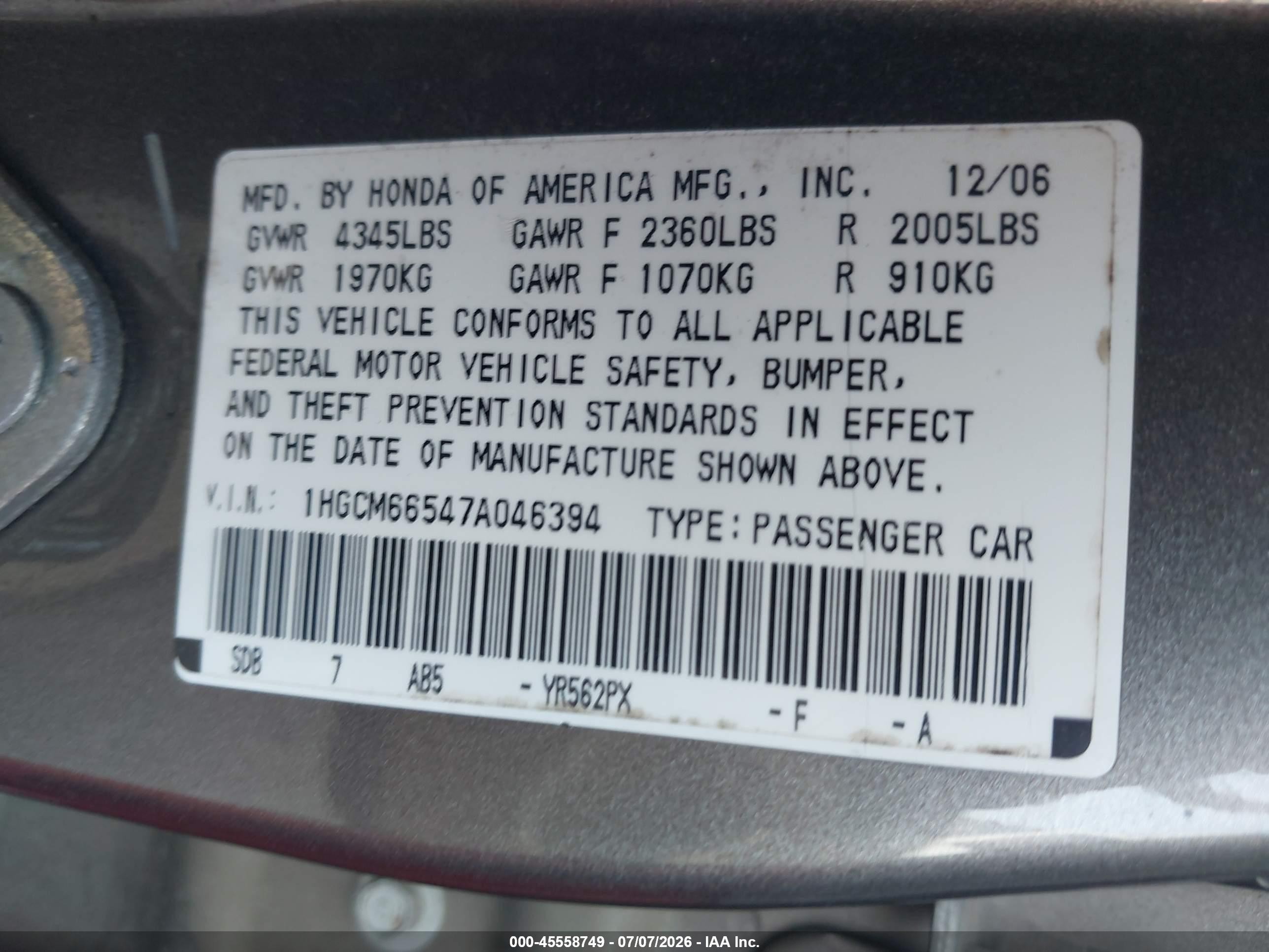 2007 Honda Accord 3.0 Ex Gray vin: 1HGCM66547A046394