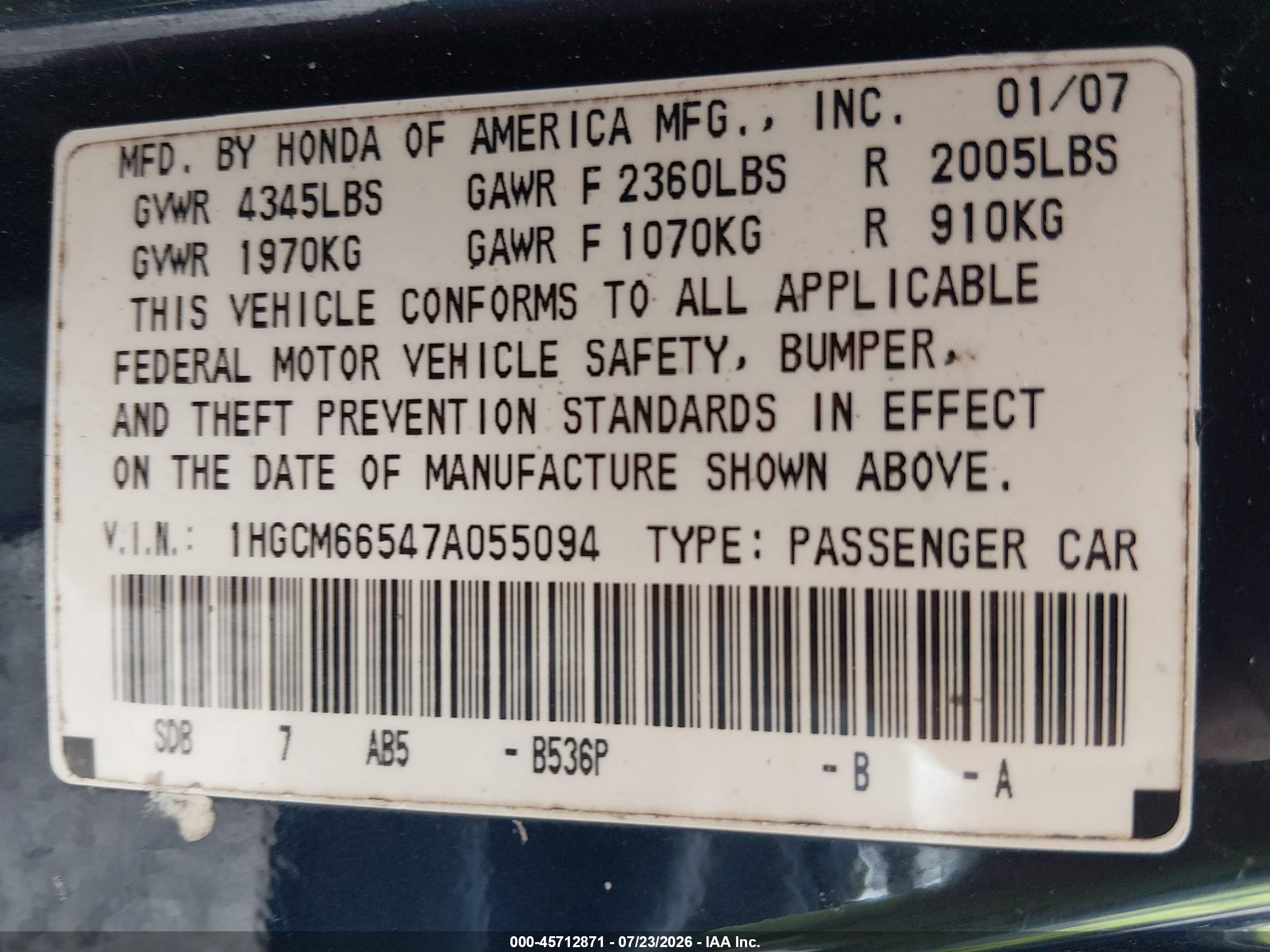 2007 Honda Accord 3.0 Ex Blue vin: 1HGCM66547A055094
