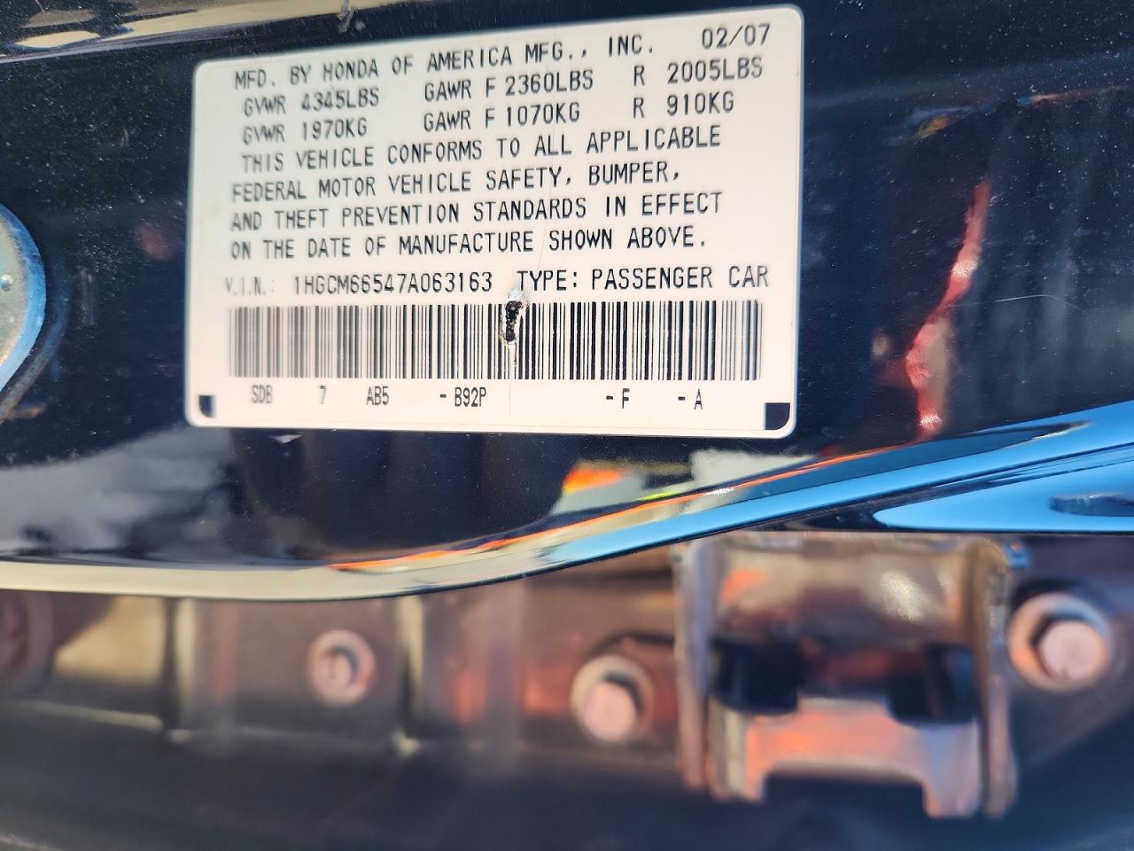 2007 Honda Accord Ex Black vin: 1HGCM66547A063163