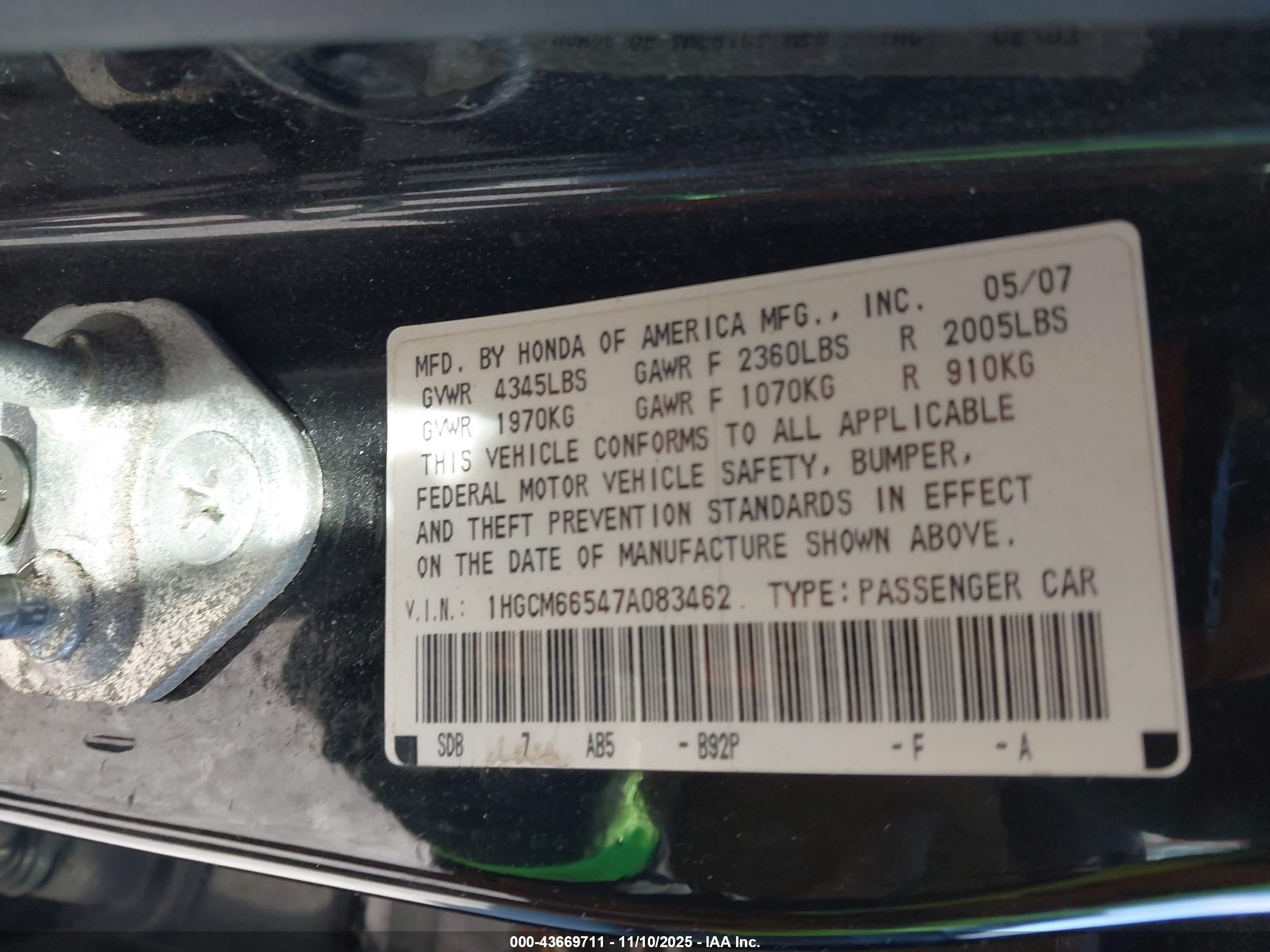 2007 Honda Accord 3.0 Ex Black vin: 1HGCM66547A083462