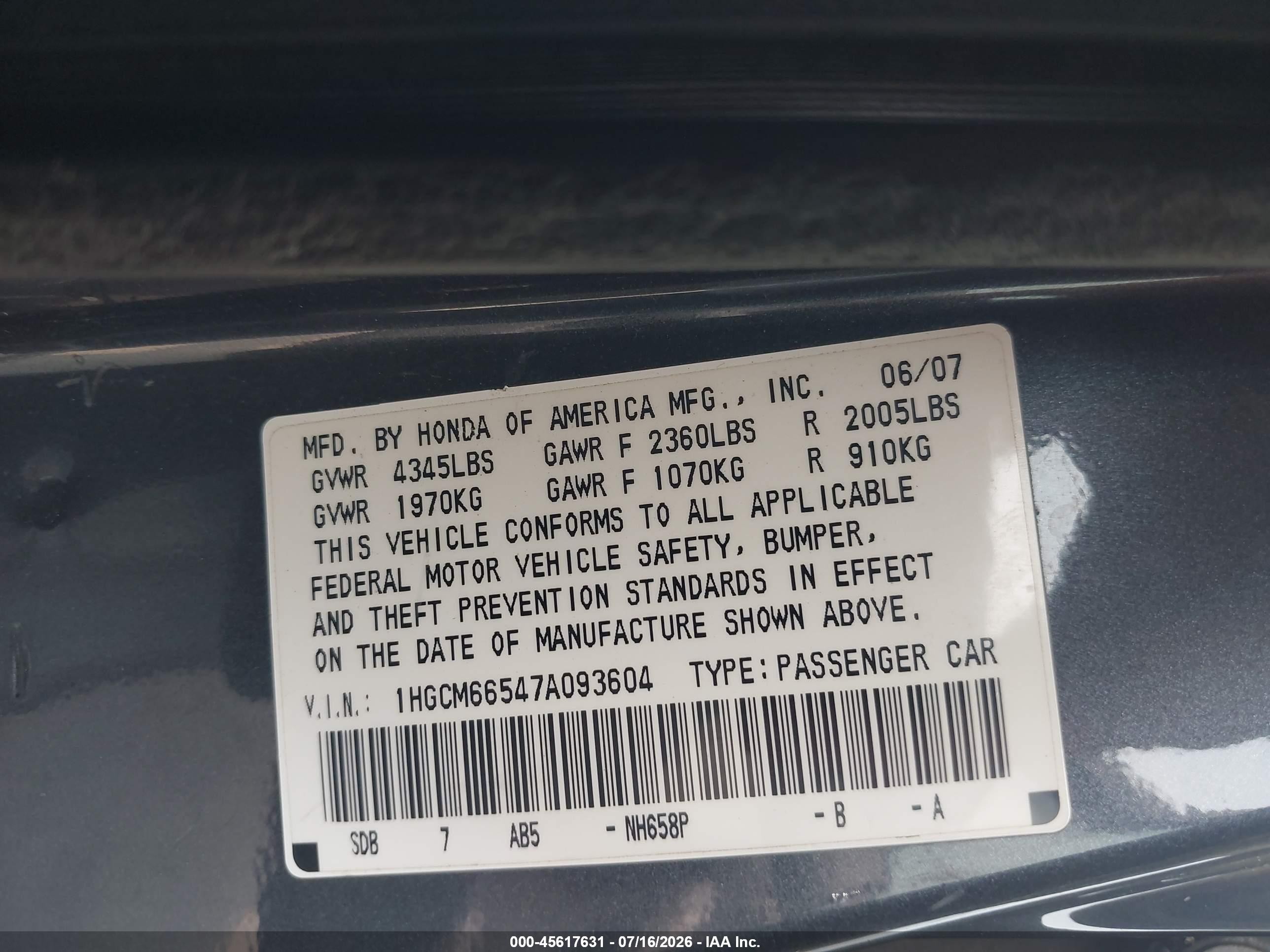 2007 Honda Accord 3.0 Ex Gray vin: 1HGCM66547A093604