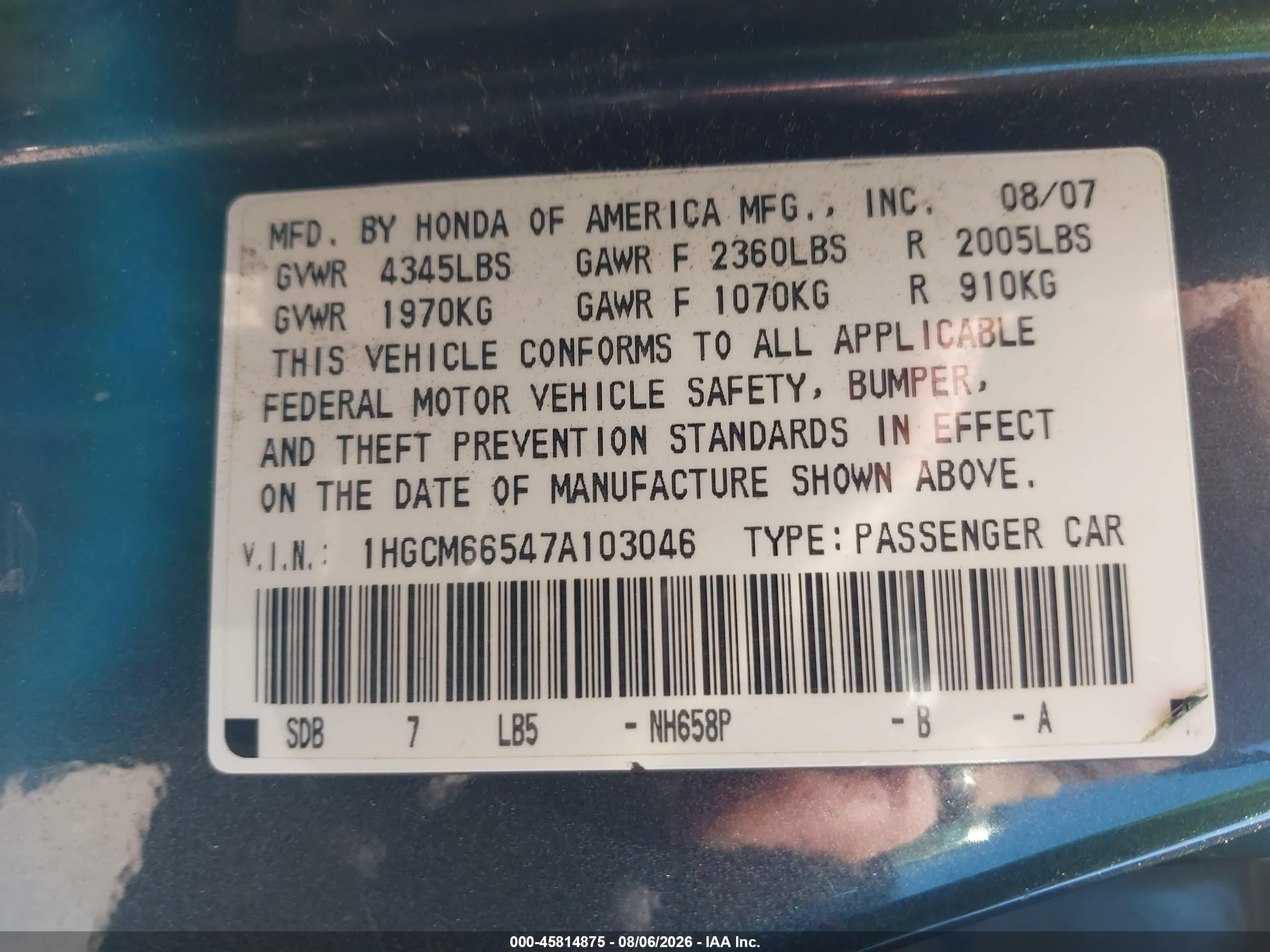 2007 Honda Accord 3.0 Ex Blue vin: 1HGCM66547A103046