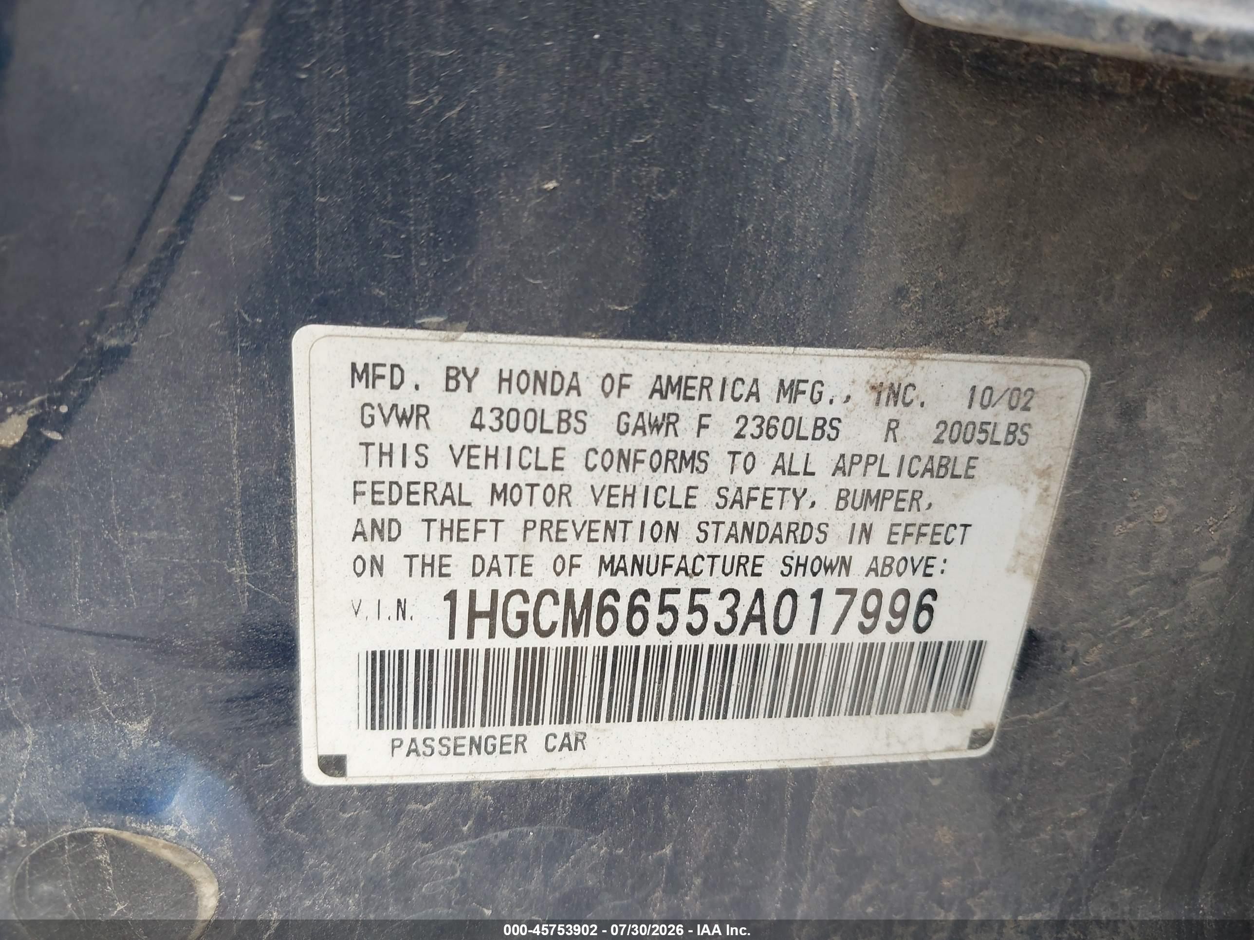 2003 Honda Accord 3.0 Ex Blue vin: 1HGCM66553A017996