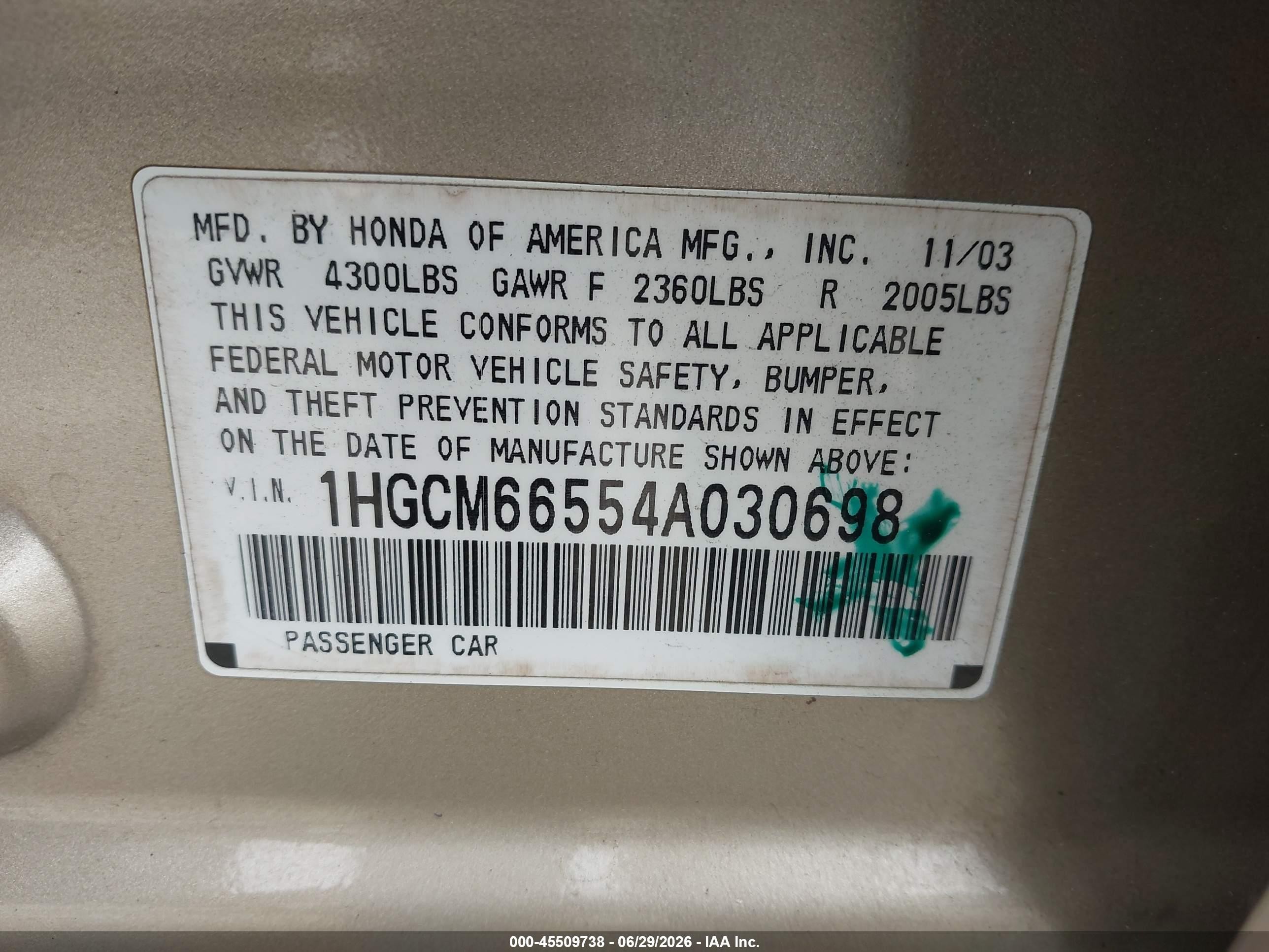 2004 Honda Accord 3.0 Ex Gold vin: 1HGCM66554A030698