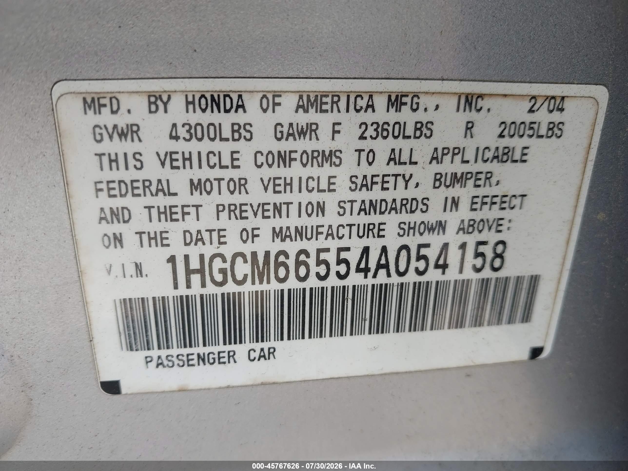 2004 Honda Accord 3.0 Ex Silver vin: 1HGCM66554A054158