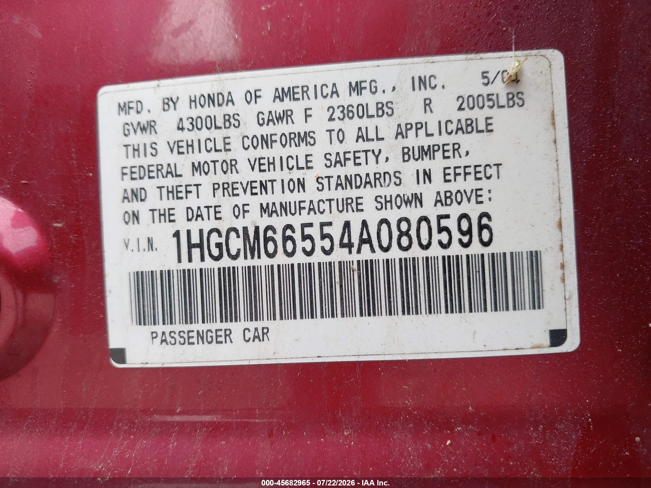 2004 Honda Accord 3.0 Ex Темно-бордовый vin: 1HGCM66554A080596