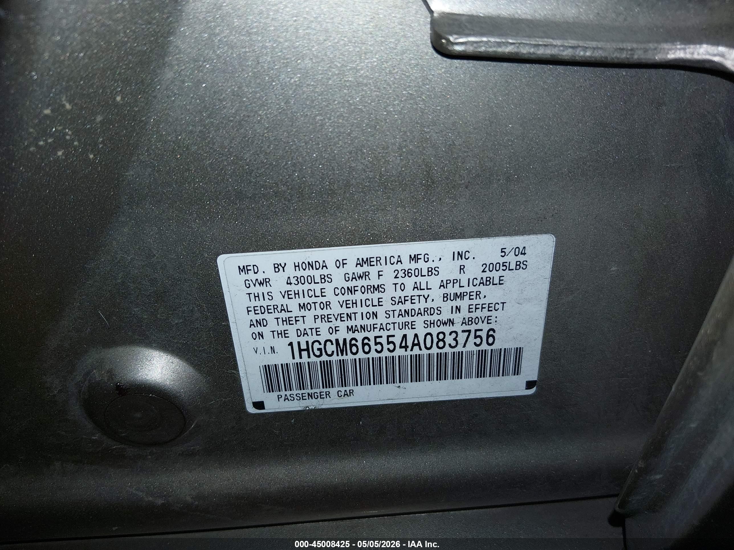 2004 Honda Accord 3.0 Ex Gold vin: 1HGCM66554A083756