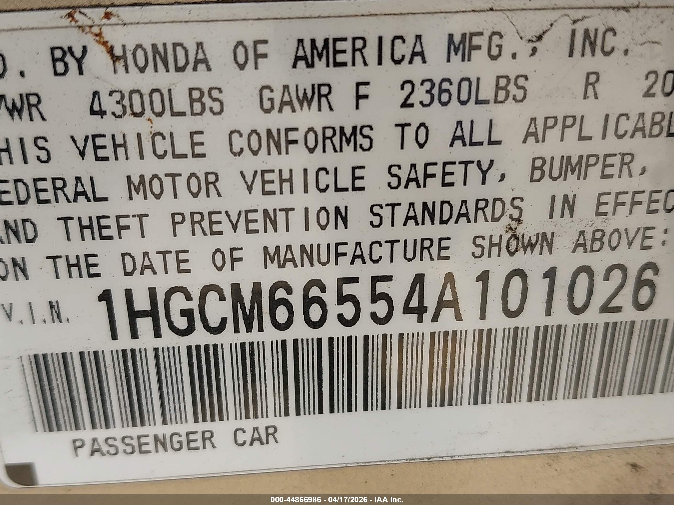 2004 Honda Accord 3.0 Ex Champagne vin: 1HGCM66554A101026