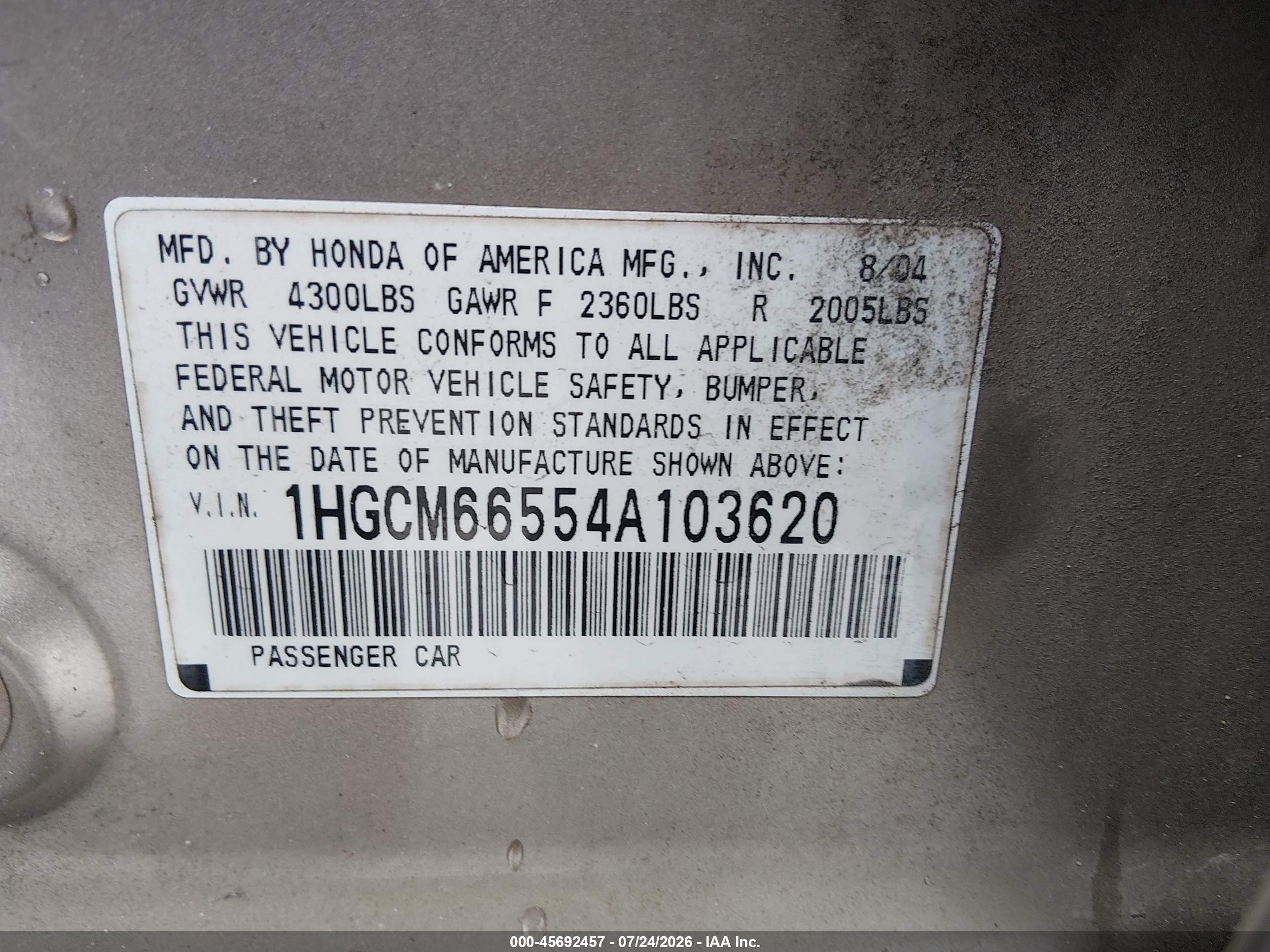 2004 Honda Accord 3.0 Ex Tan vin: 1HGCM66554A103620