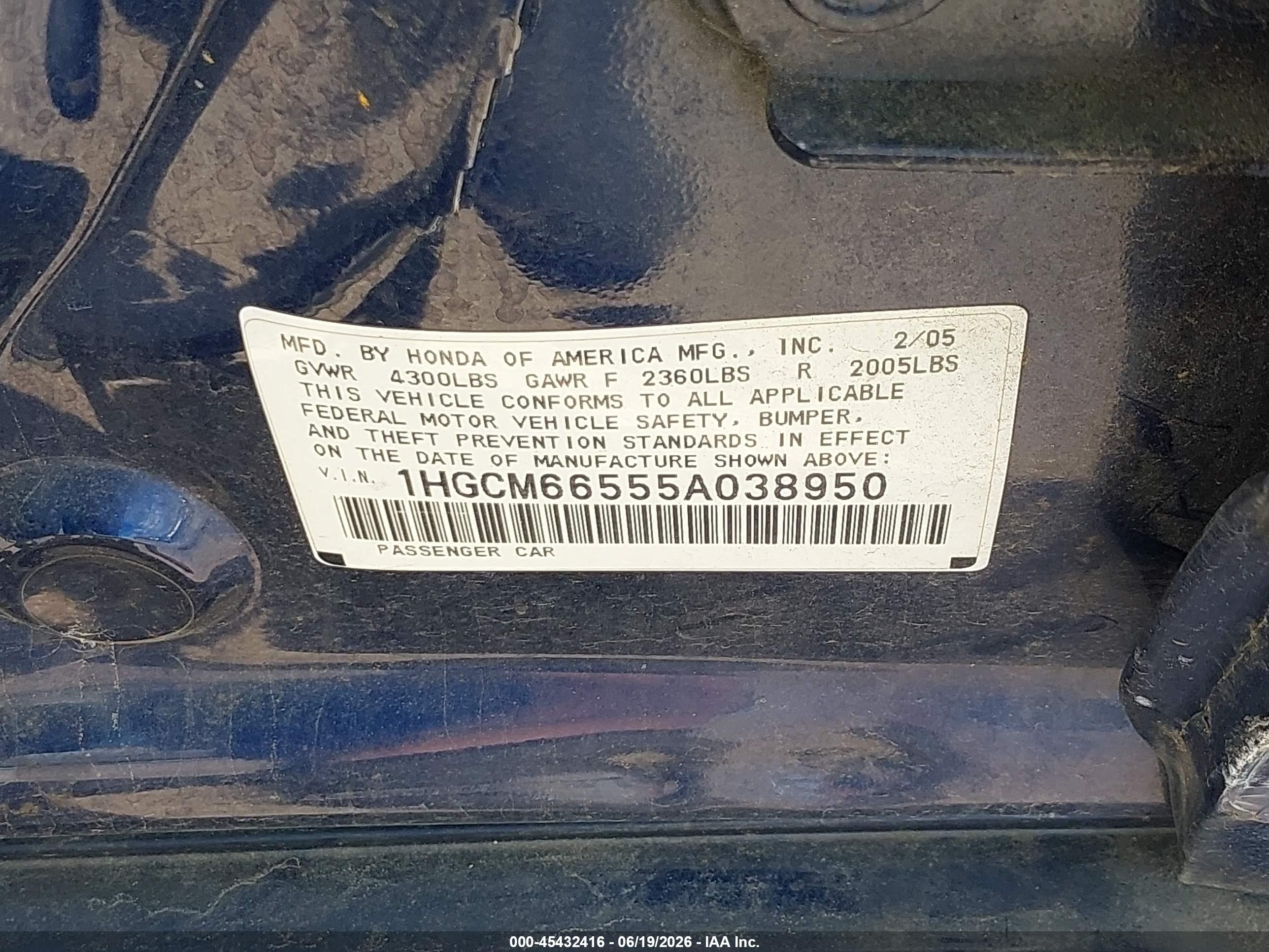2005 Honda Accord 3.0 Ex Blue vin: 1HGCM66555A038950