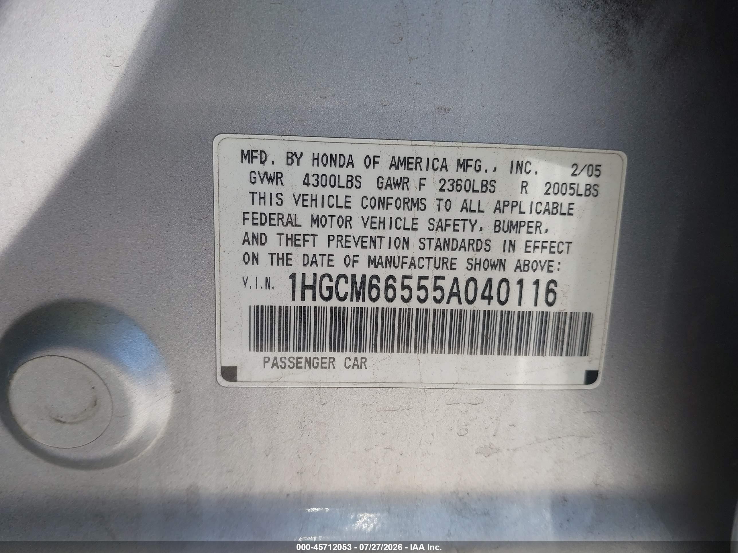 2005 Honda Accord 3.0 Ex Silver vin: 1HGCM66555A040116