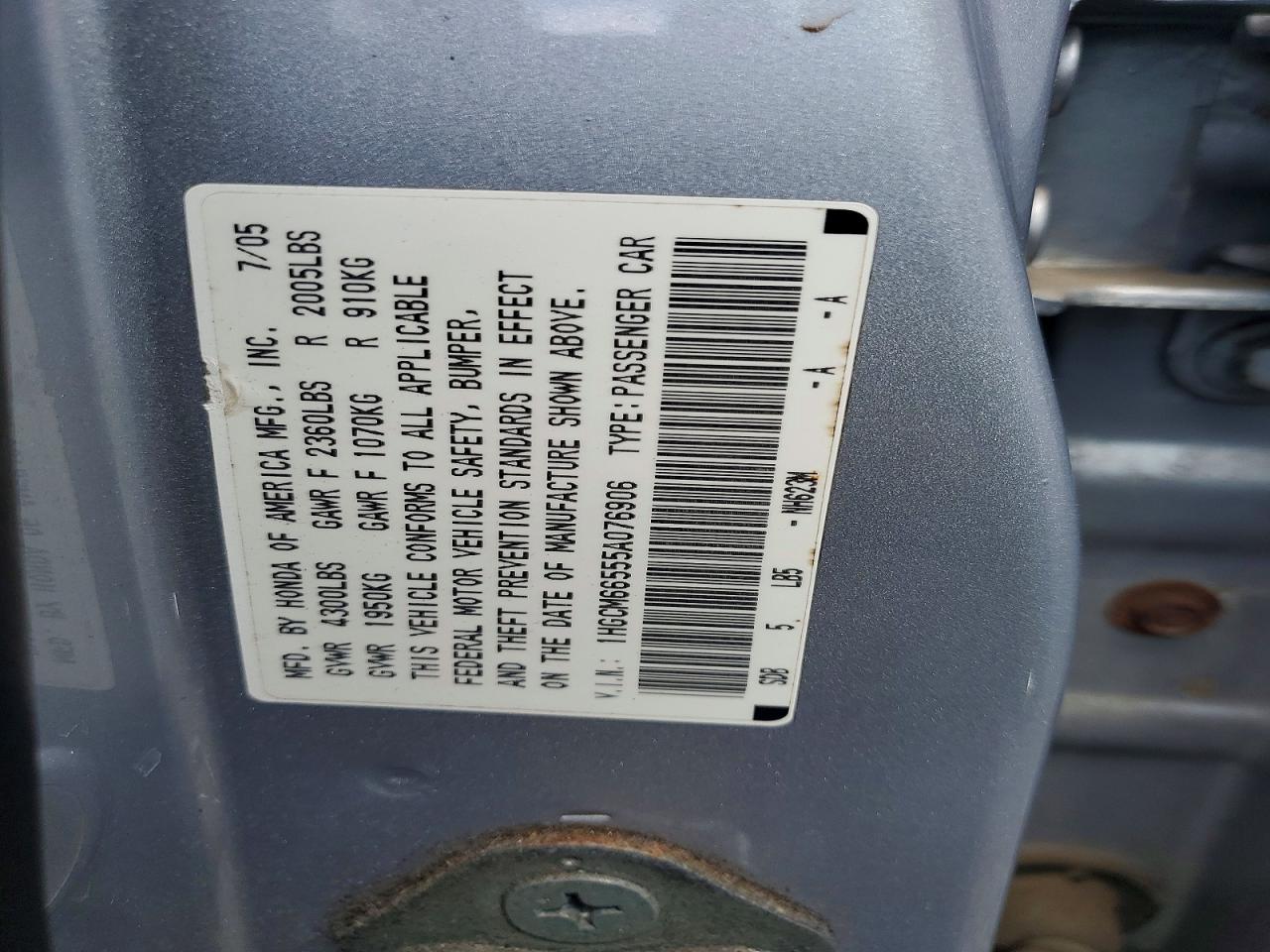 2005 Honda Accord Ex Серебряный vin: 1HGCM66555A076906