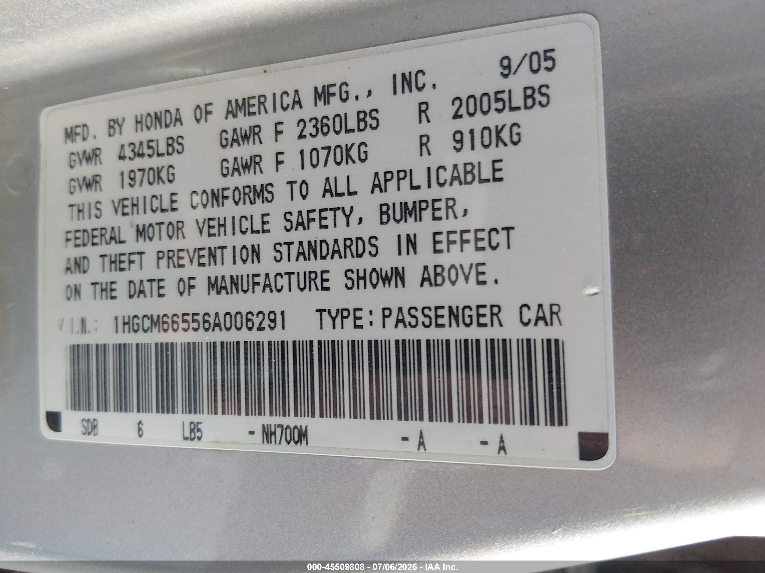 2006 Honda Accord 3.0 Ex Silver vin: 1HGCM66556A006291