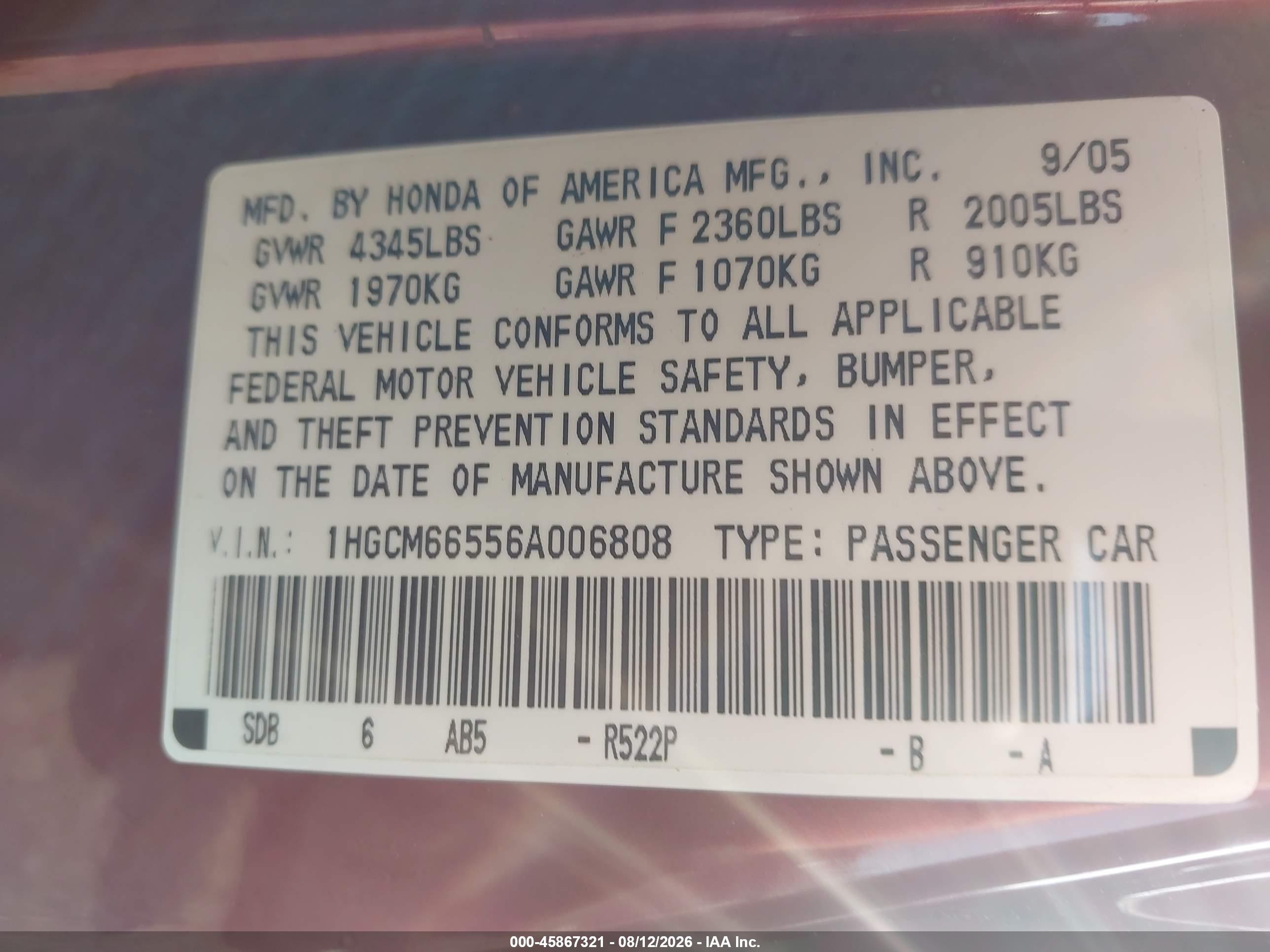 2006 Honda Accord 3.0 Ex Maroon vin: 1HGCM66556A006808