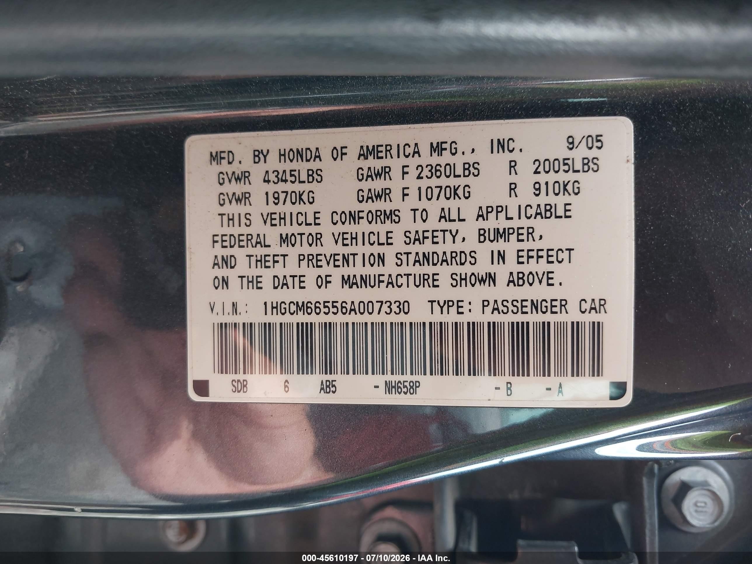 2006 Honda Accord 3.0 Ex Gray vin: 1HGCM66556A007330
