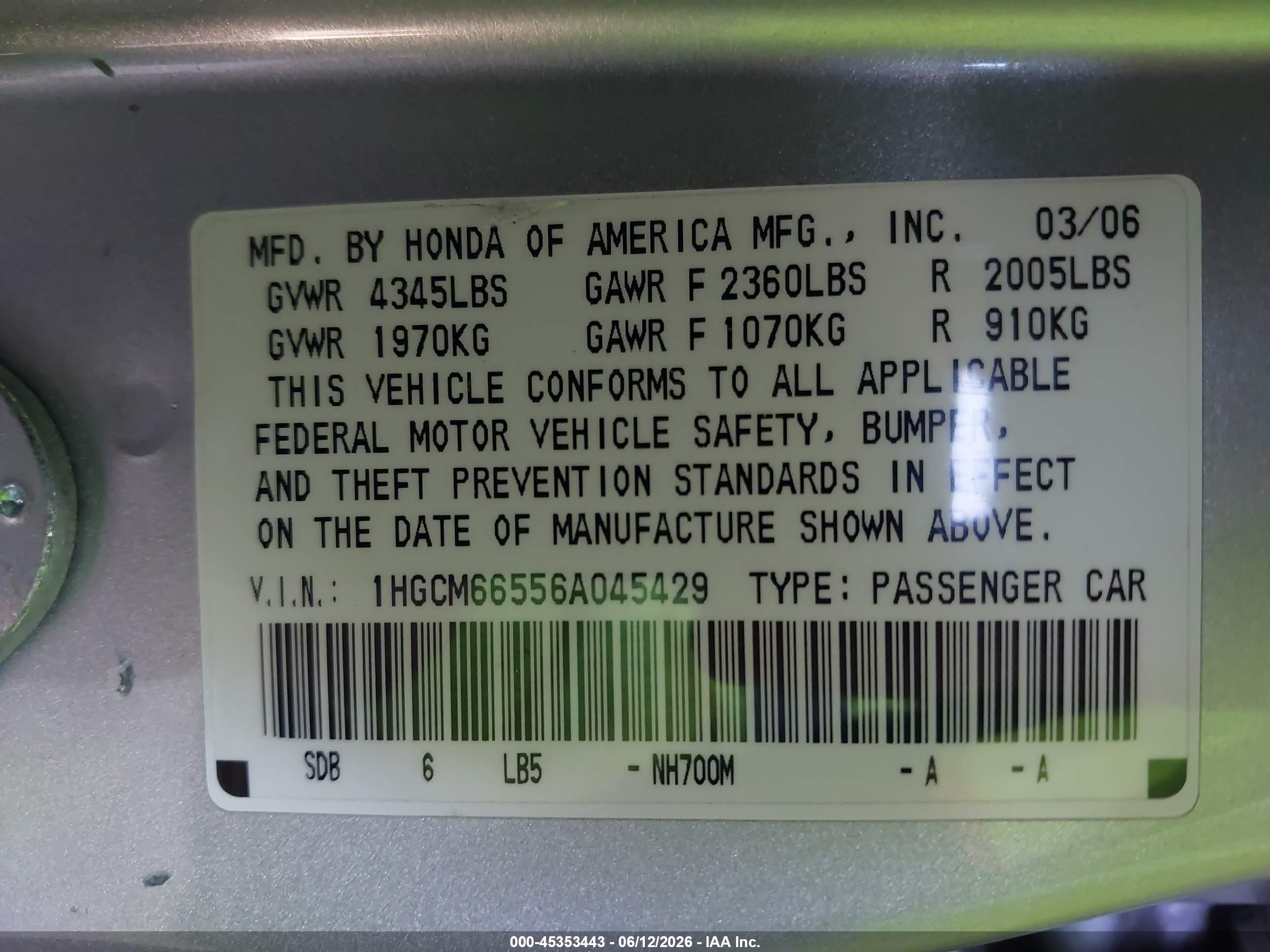 2006 Honda Accord 3.0 Ex Silver vin: 1HGCM66556A045429