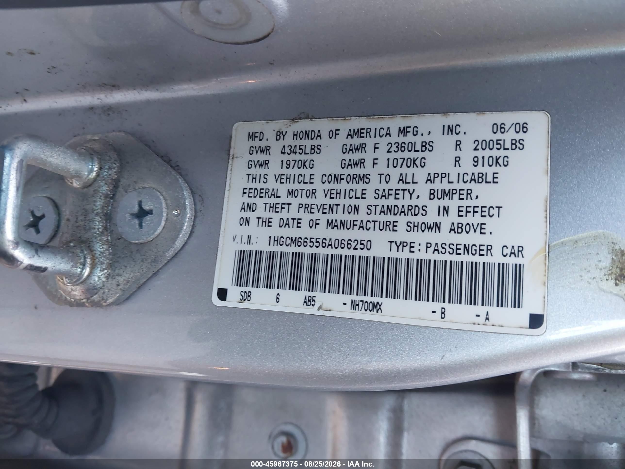 2006 Honda Accord 3.0 Ex Silver vin: 1HGCM66556A066250
