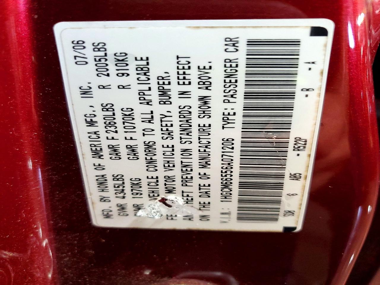 2006 Honda Accord Ex Burgundy vin: 1HGCM66556A071206