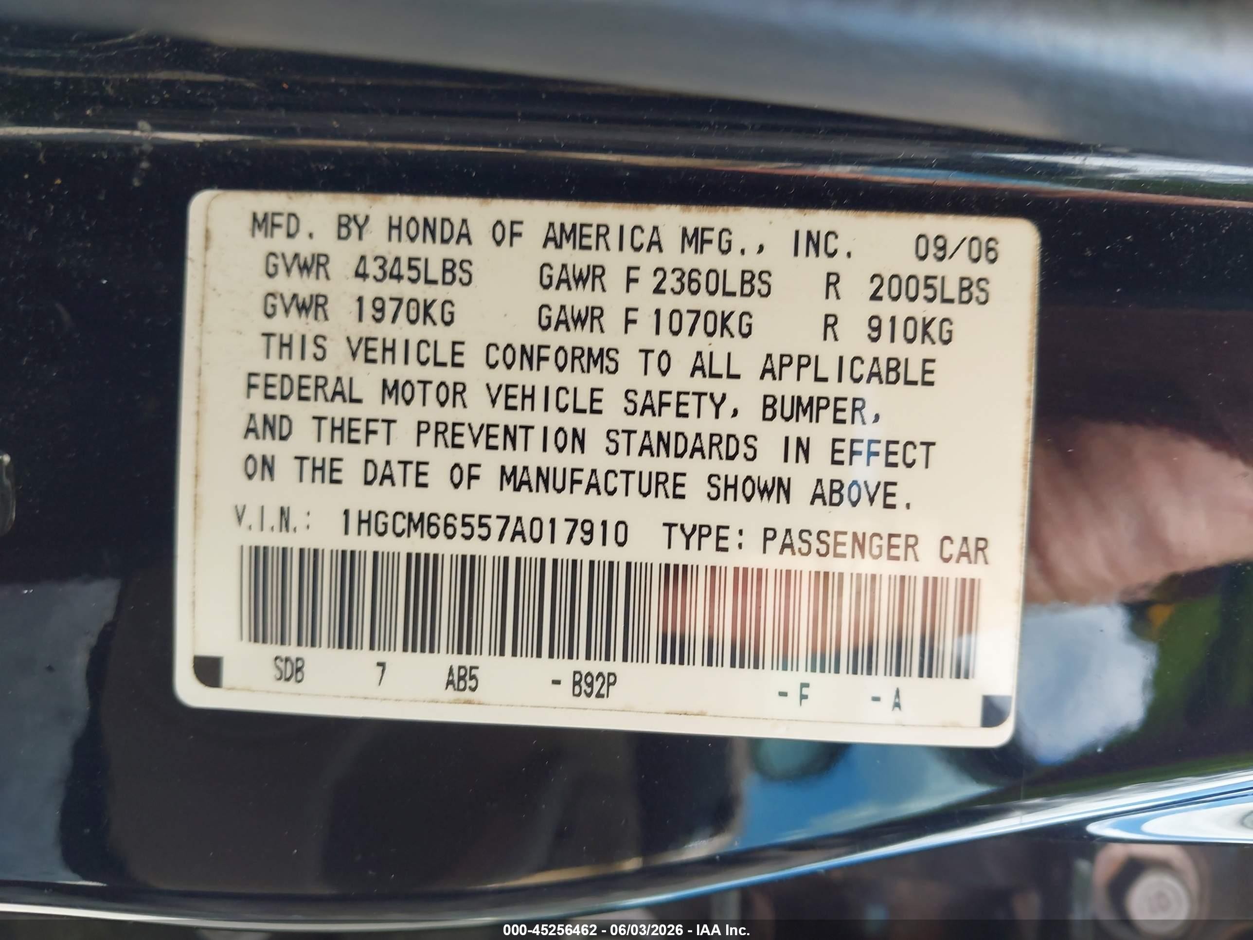 2007 Honda Accord 3.0 Ex Black vin: 1HGCM66557A017910