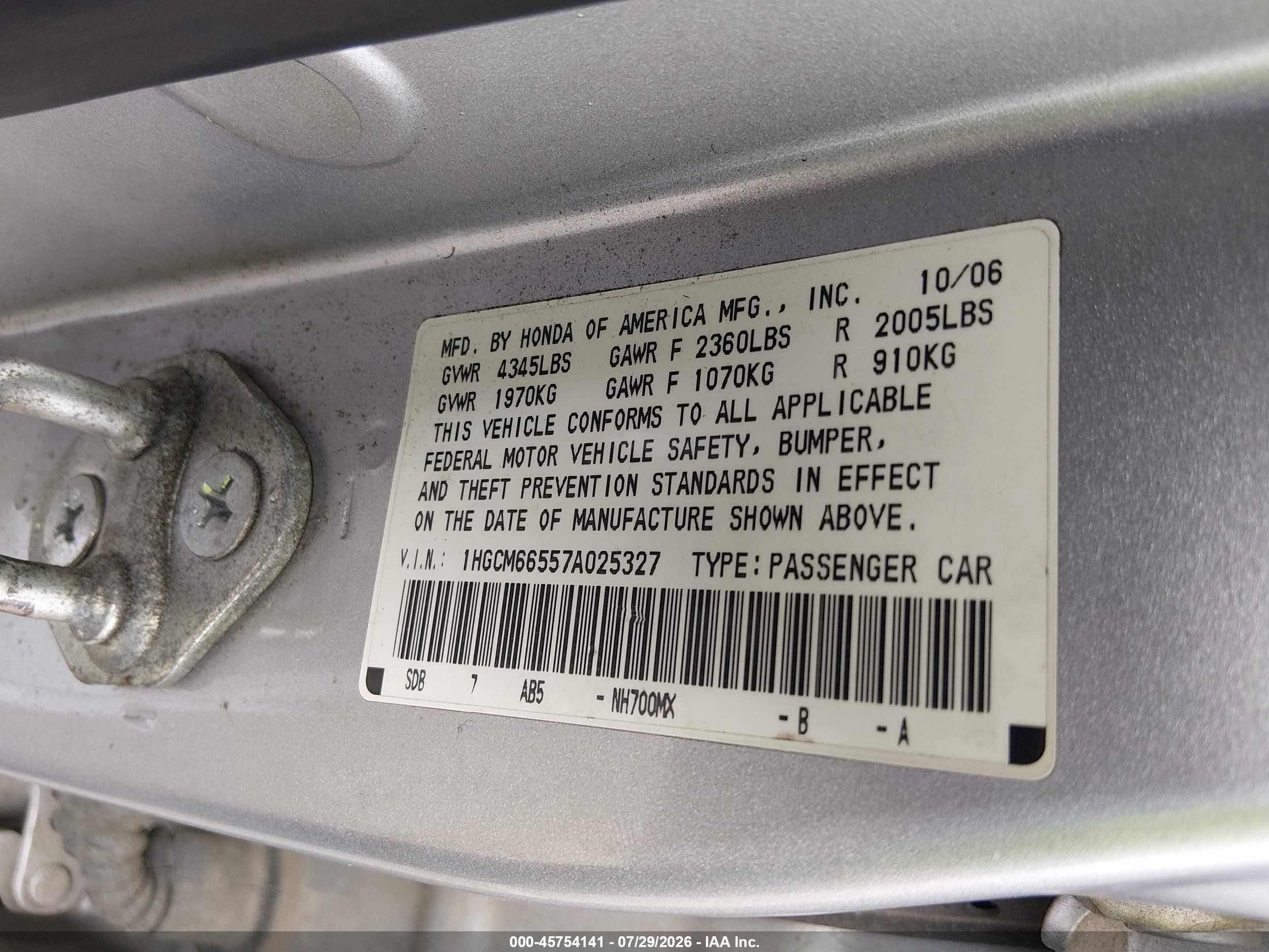 2007 Honda Accord 3.0 Ex Gray vin: 1HGCM66557A025327