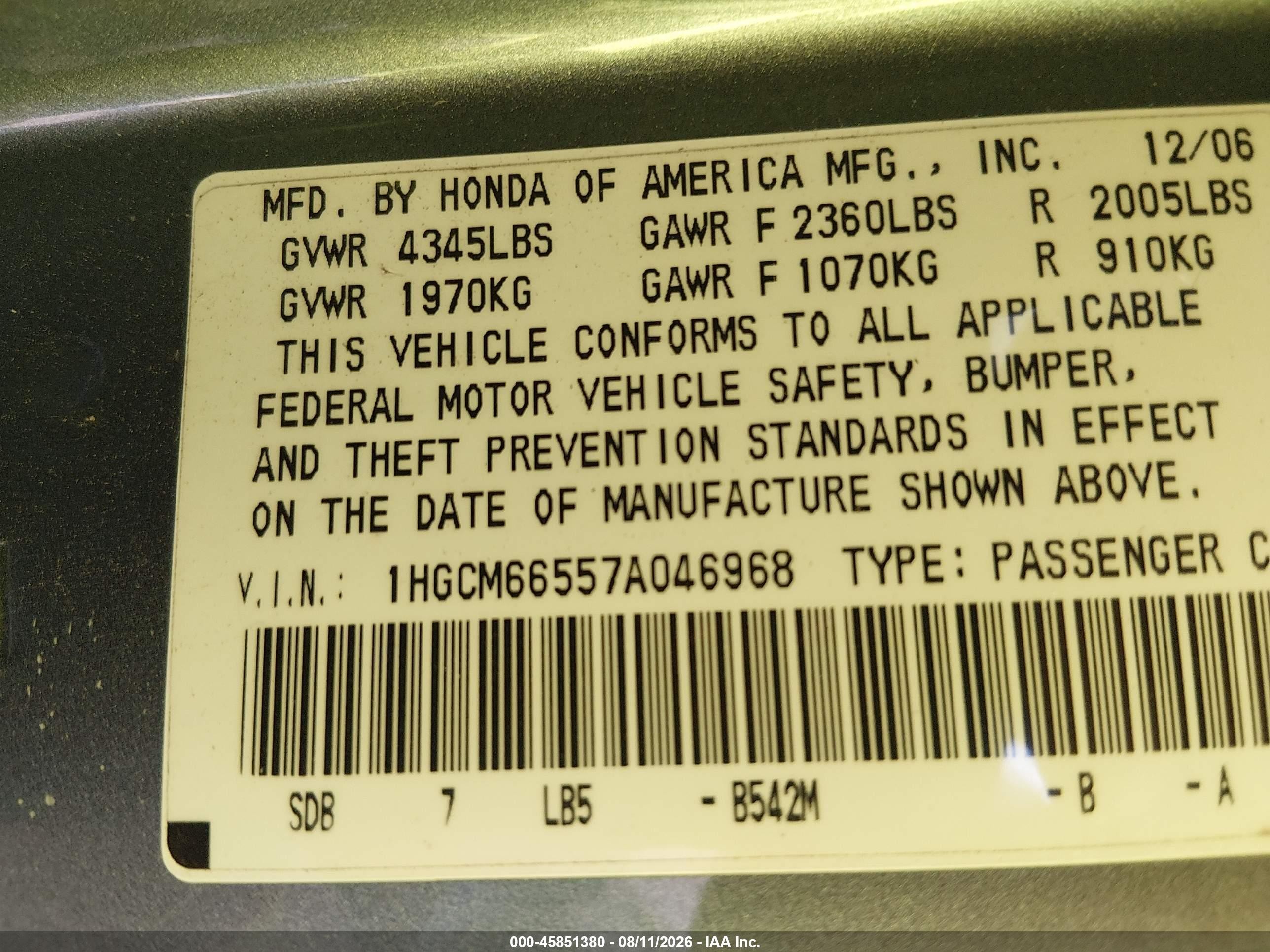 2007 Honda Accord 3.0 Ex Silver vin: 1HGCM66557A046968