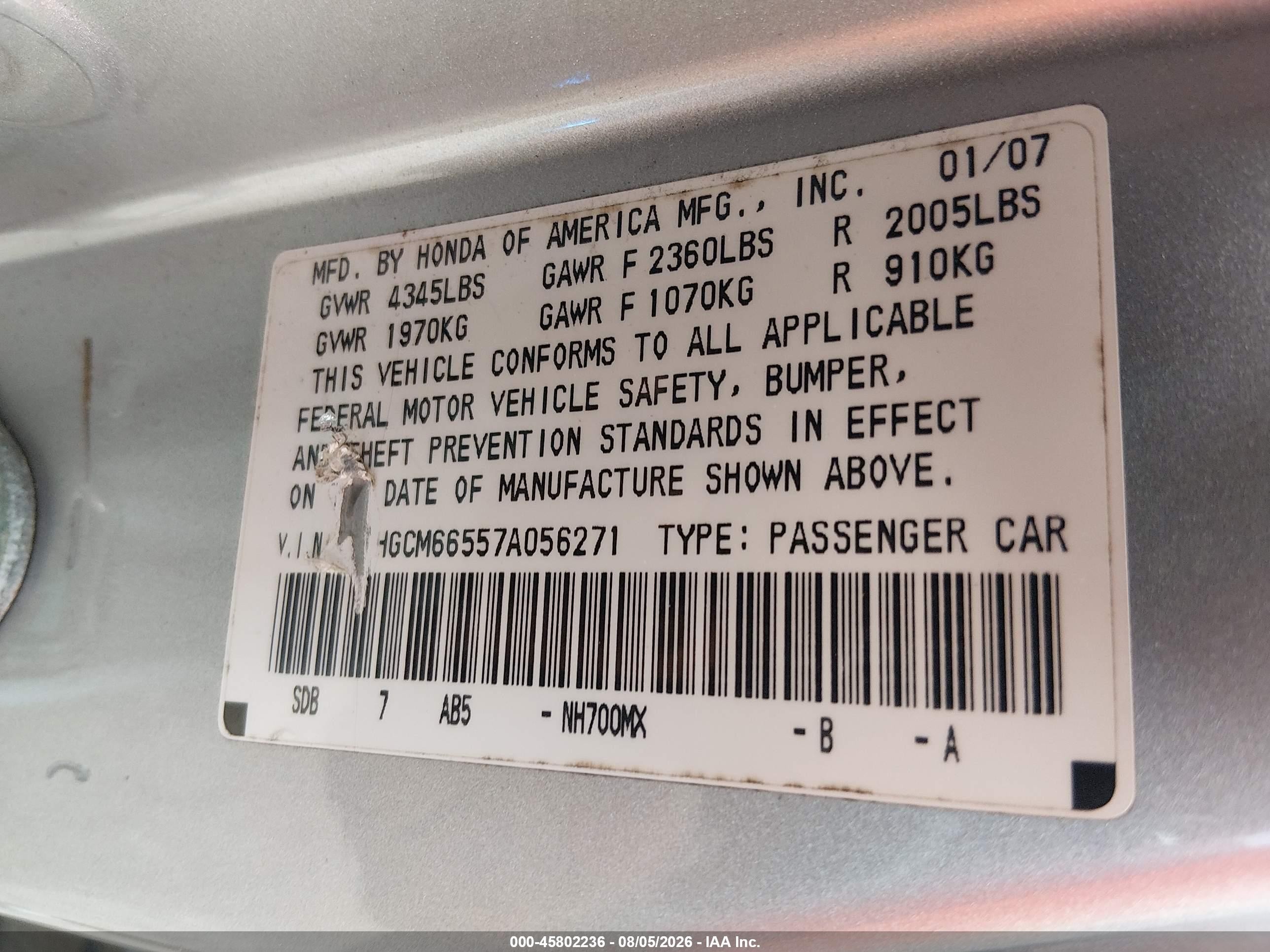 2007 Honda Accord 3.0 Ex Серебряный vin: 1HGCM66557A056271