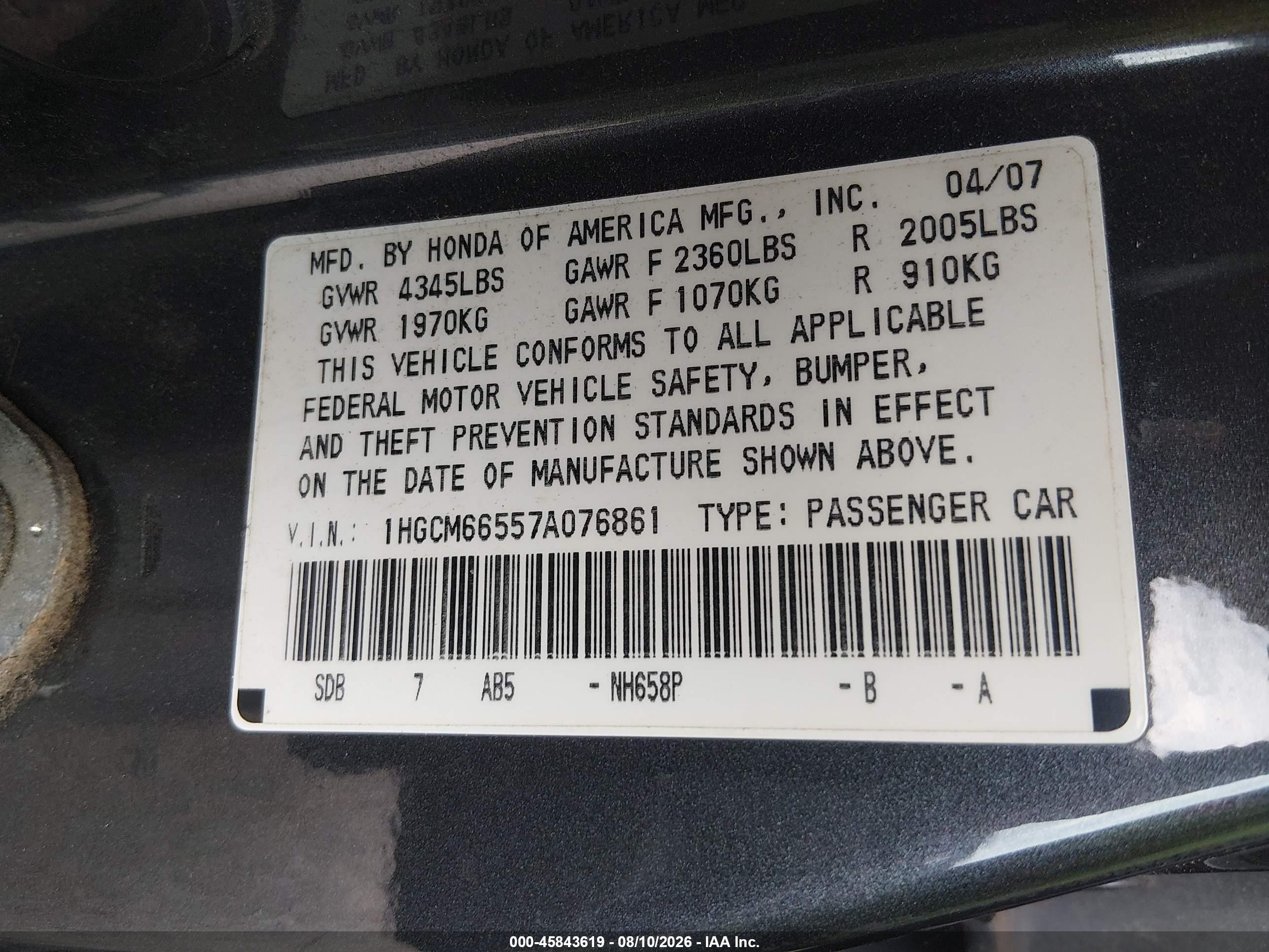 2007 Honda Accord 3.0 Ex Gray vin: 1HGCM66557A076861