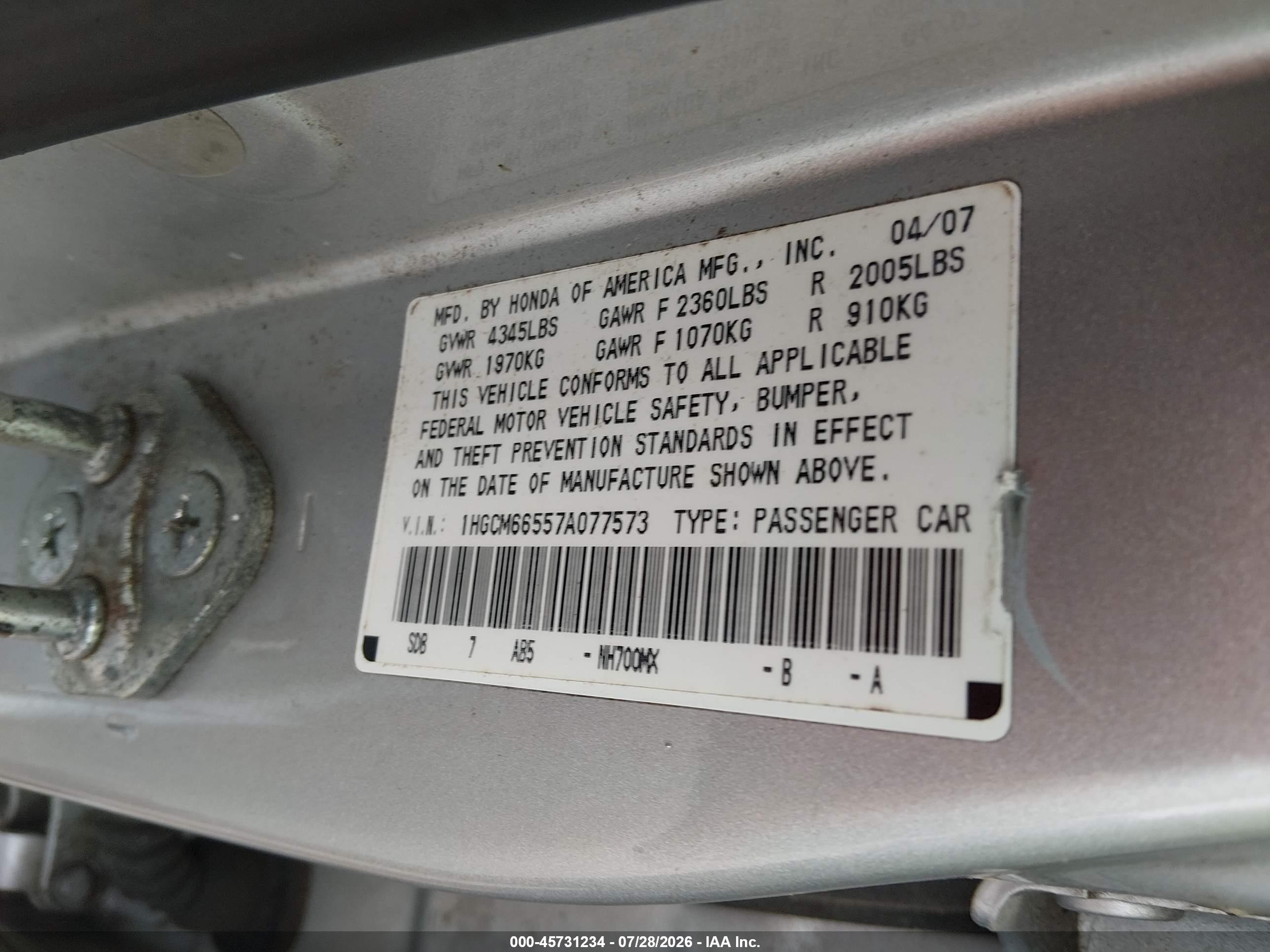 2007 Honda Accord 3.0 Ex Silver vin: 1HGCM66557A077573