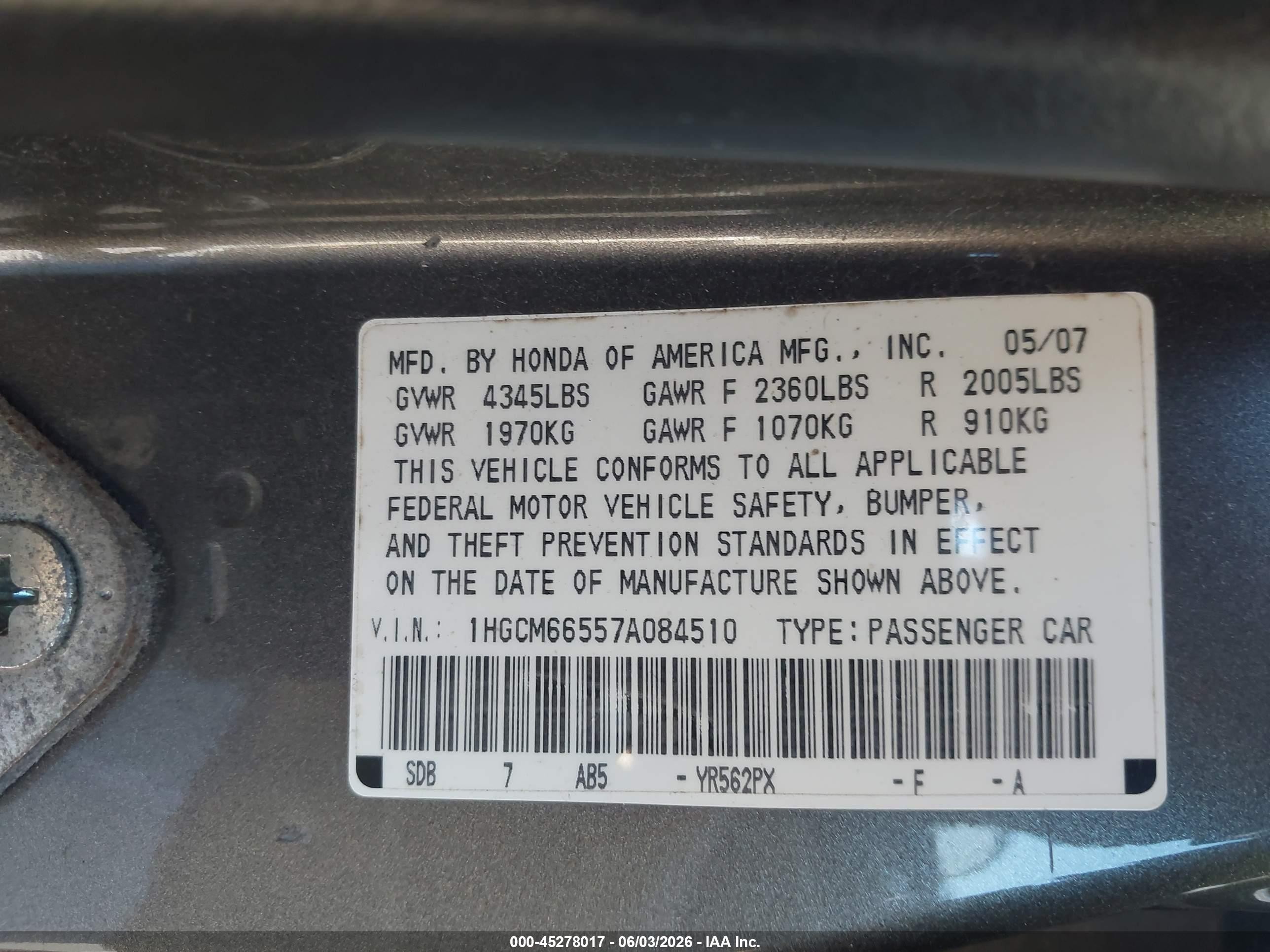 2007 Honda Accord 3.0 Ex Gray vin: 1HGCM66557A084510