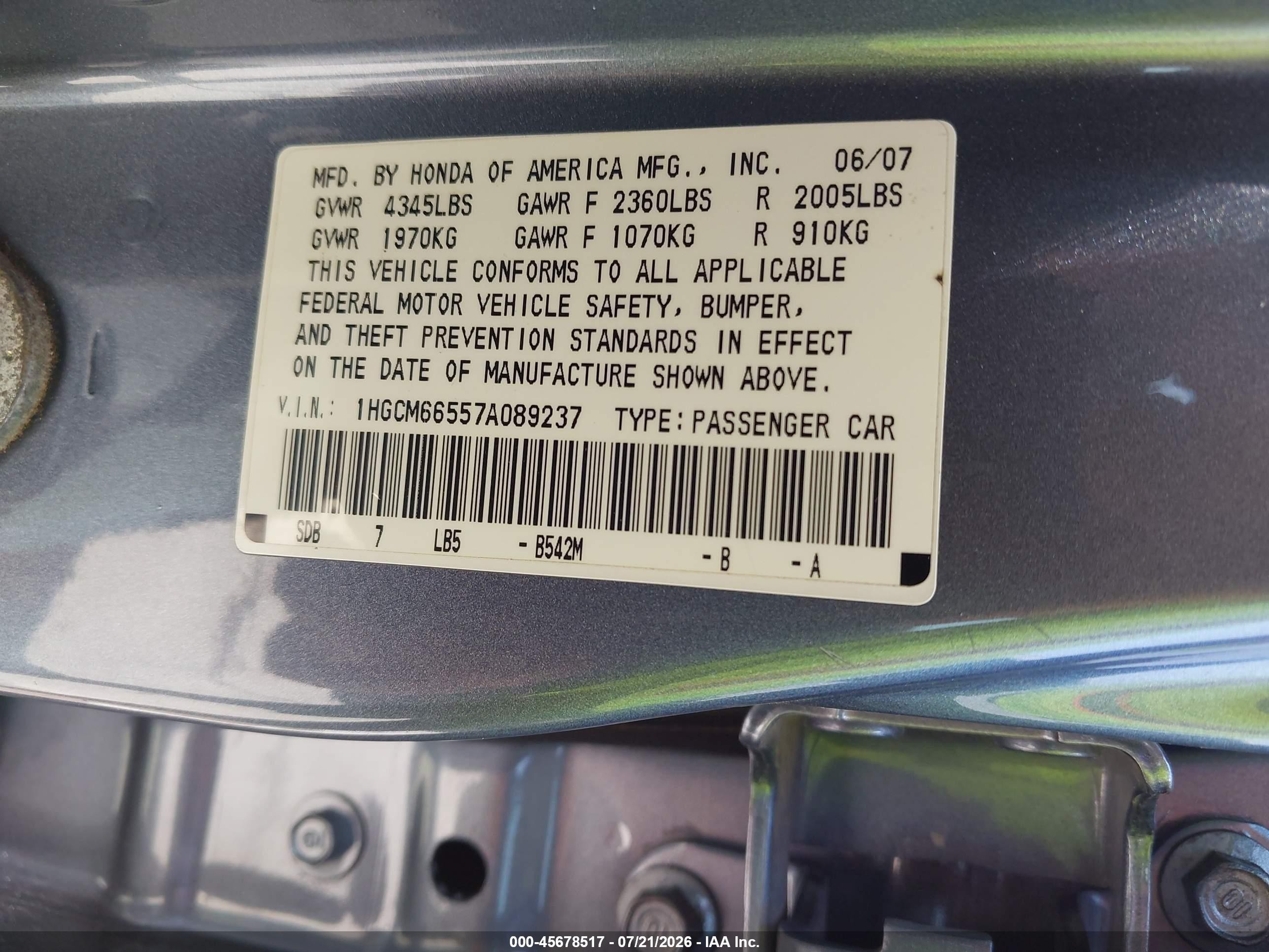2007 Honda Accord 3.0 Ex Синий vin: 1HGCM66557A089237