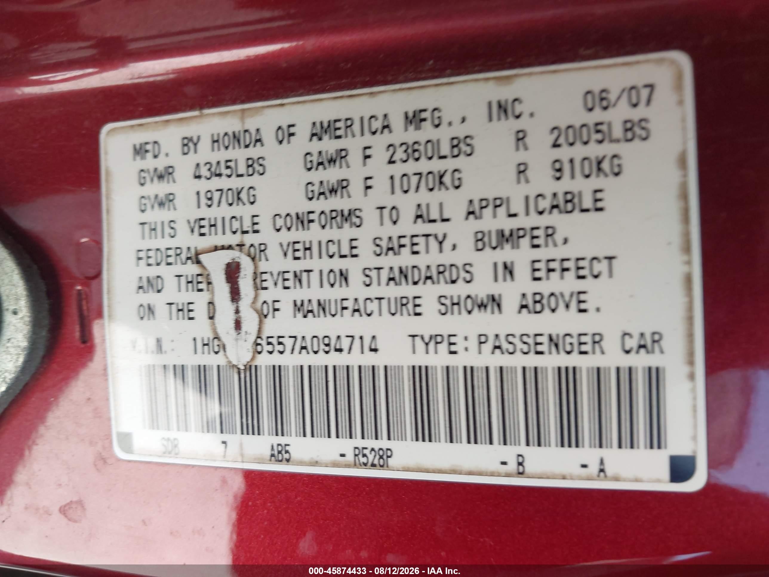 2007 Honda Accord 3.0 Ex Red vin: 1HGCM66557A094714