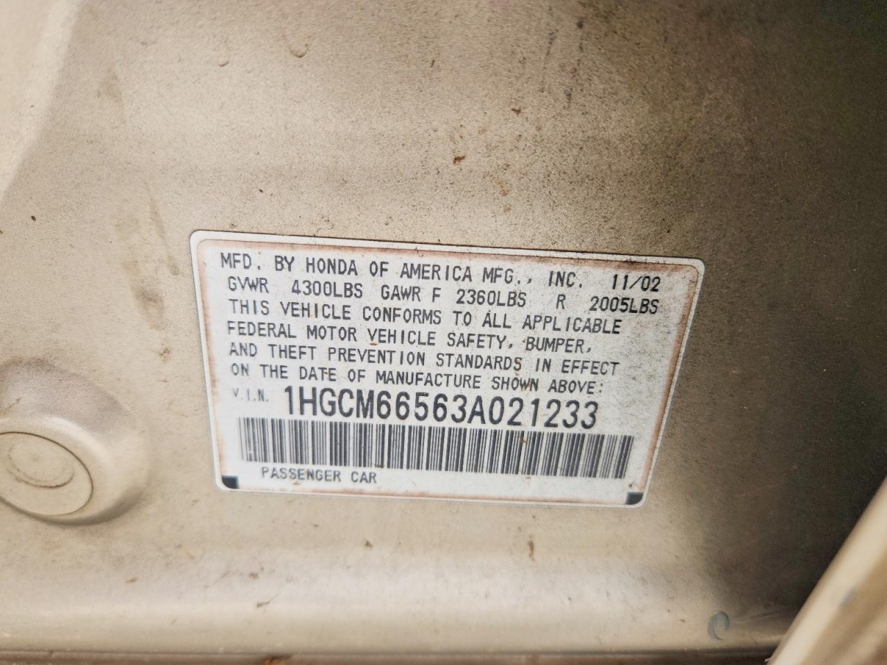 2003 Honda Accord Ex Tan vin: 1HGCM66563A021233