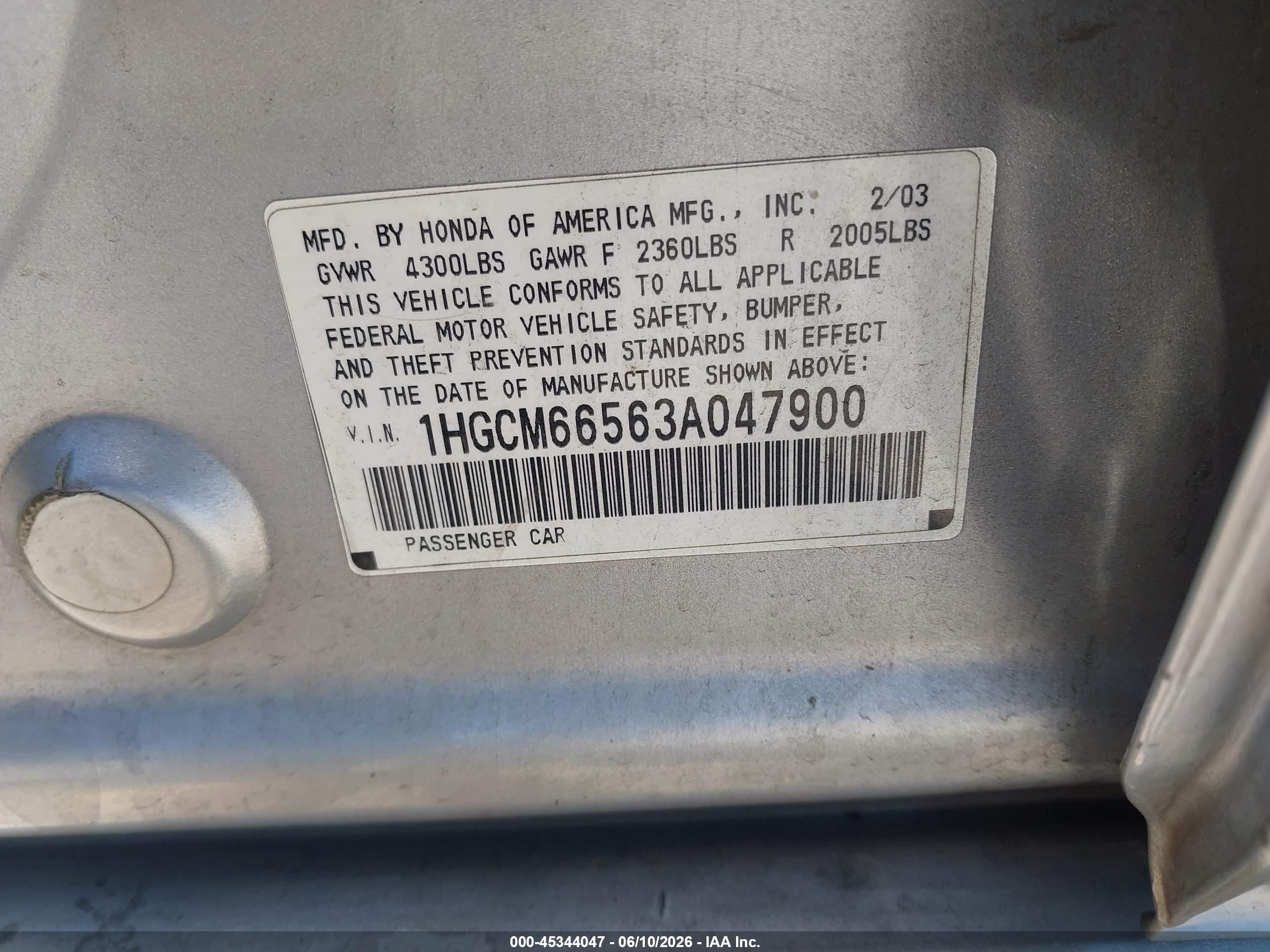 2003 Honda Accord 3.0 Ex Серебряный vin: 1HGCM66563A047900