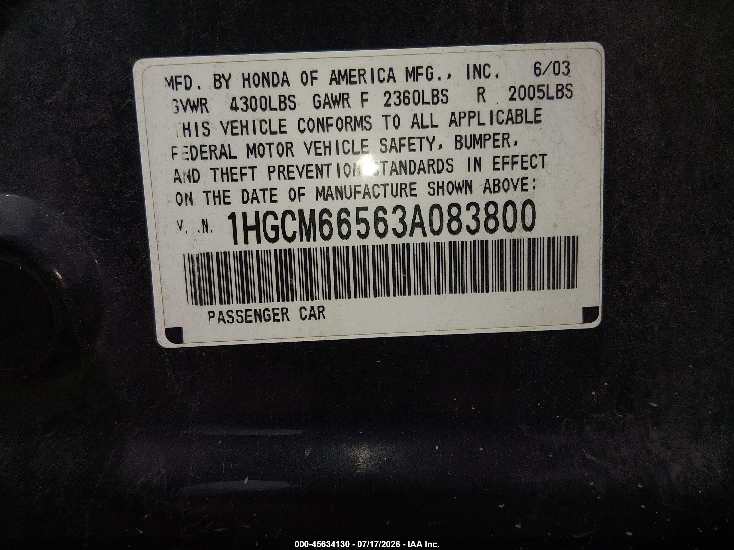 2003 Honda Accord Sdn Ex Blue vin: 1HGCM66563A083800