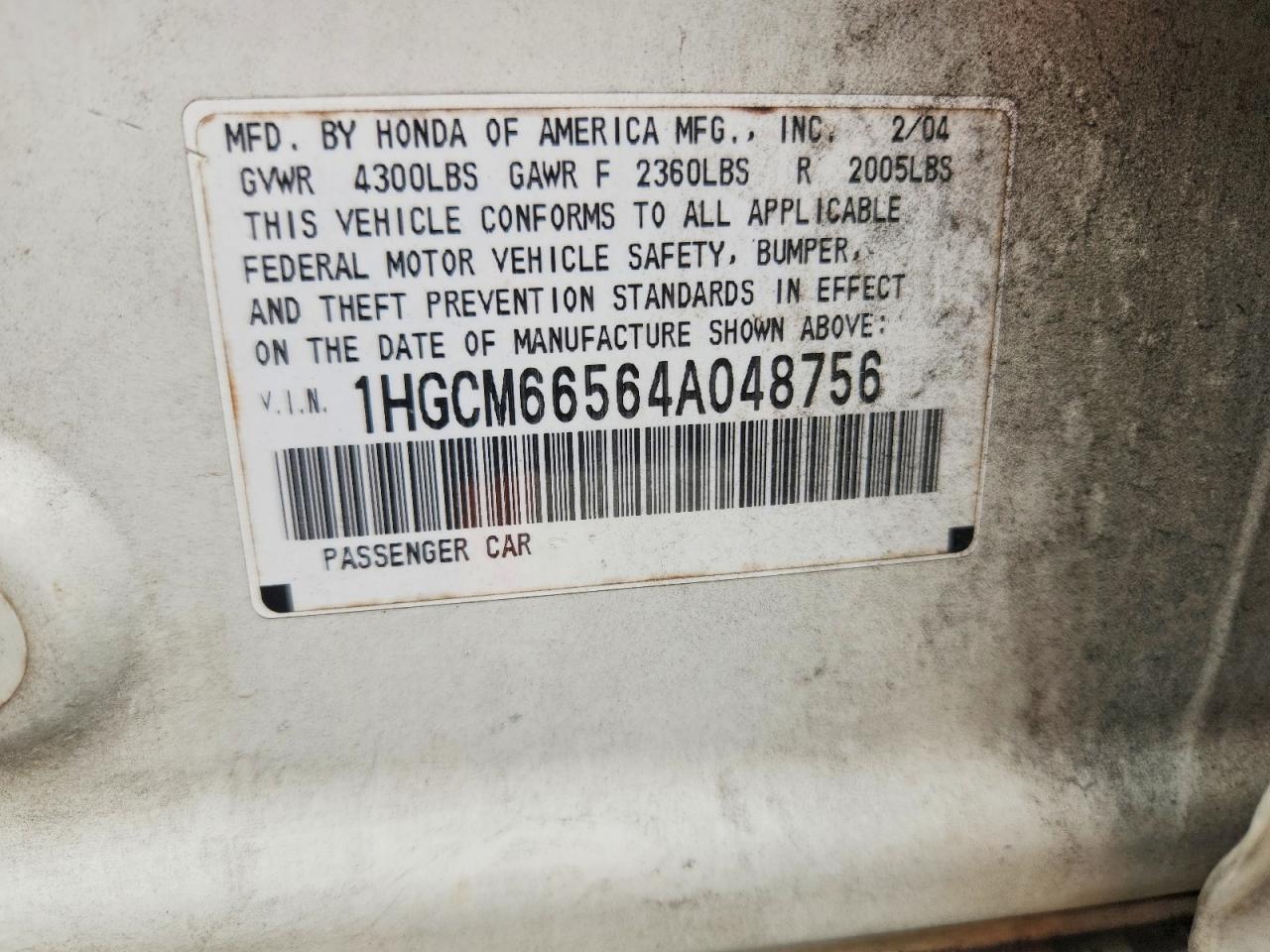 2004 Honda Accord Ex White vin: 1HGCM66564A048756