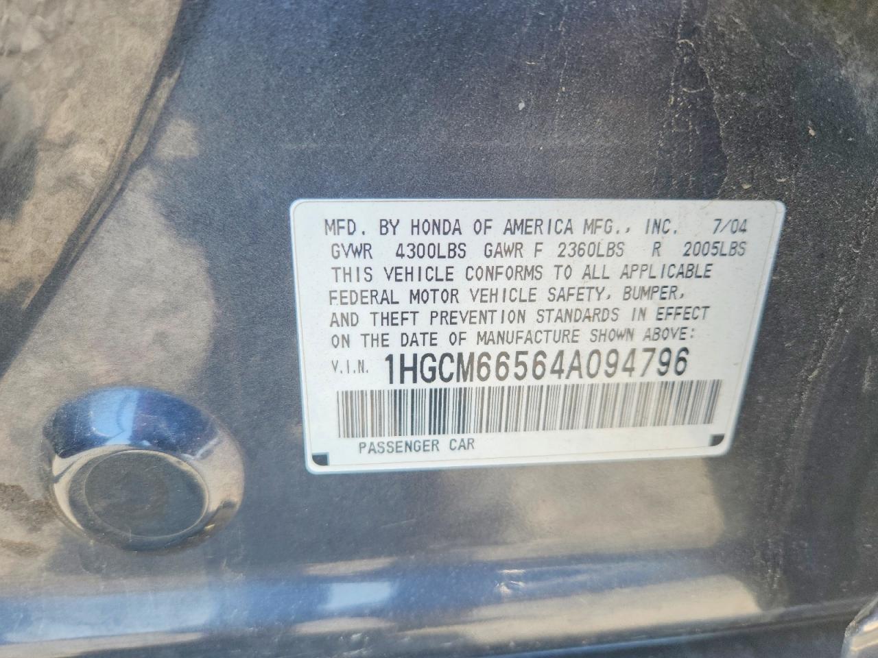 2004 Honda Accord Ex Charcoal vin: 1HGCM66564A094796