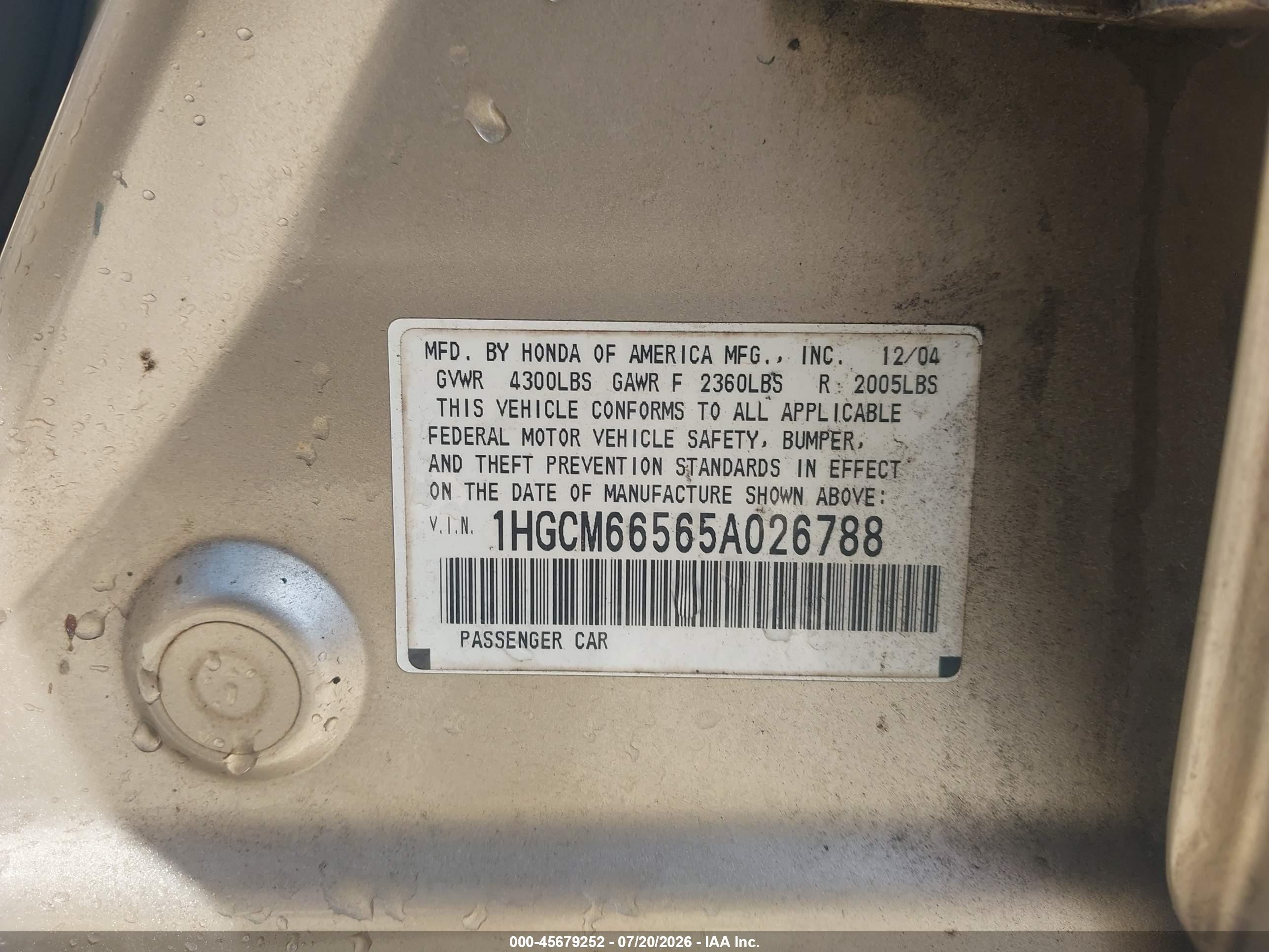 2005 Honda Accord 3.0 Ex Желто-коричневый vin: 1HGCM66565A026788