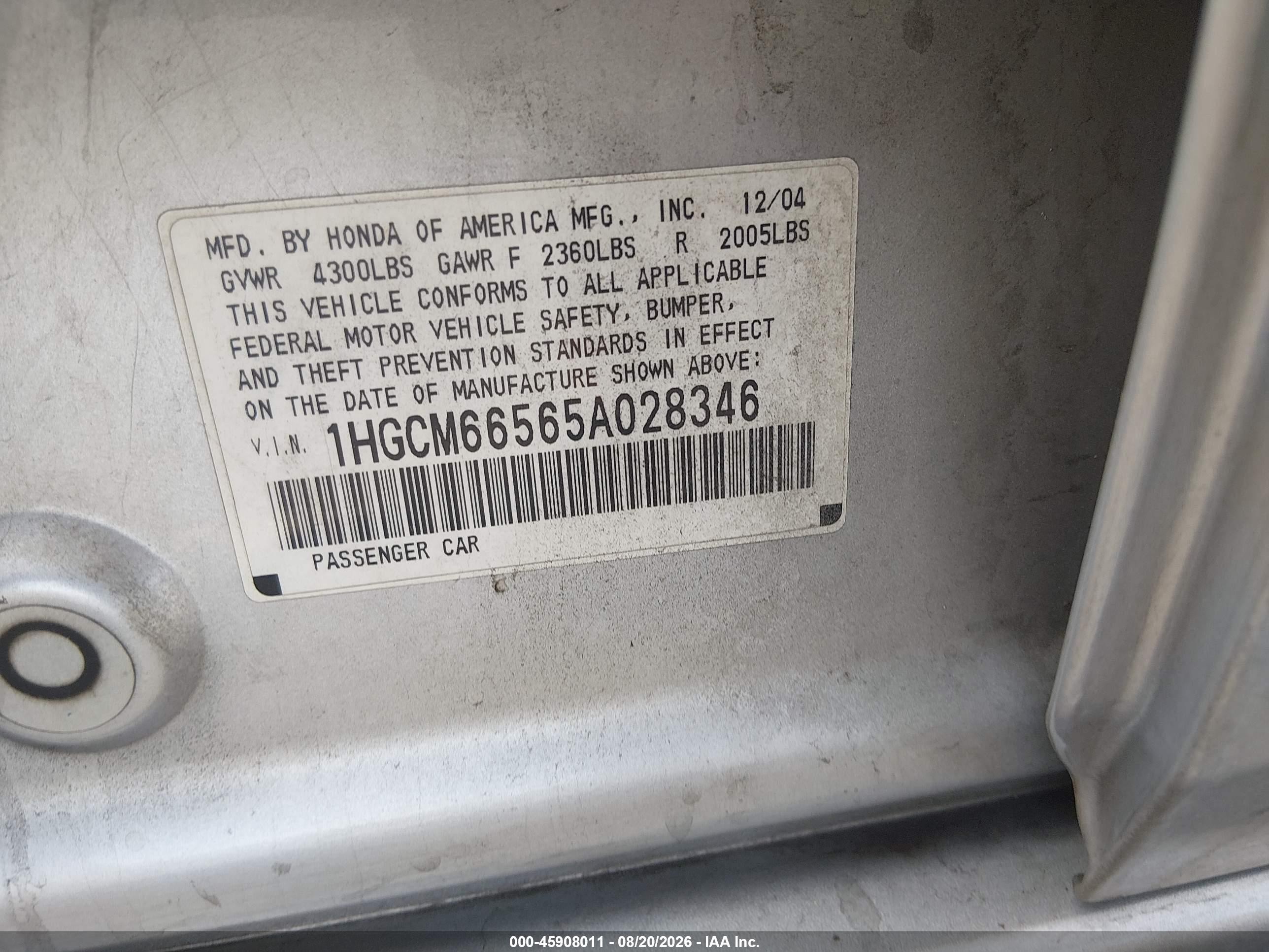 2005 Honda Accord 3.0 Ex Silver vin: 1HGCM66565A028346