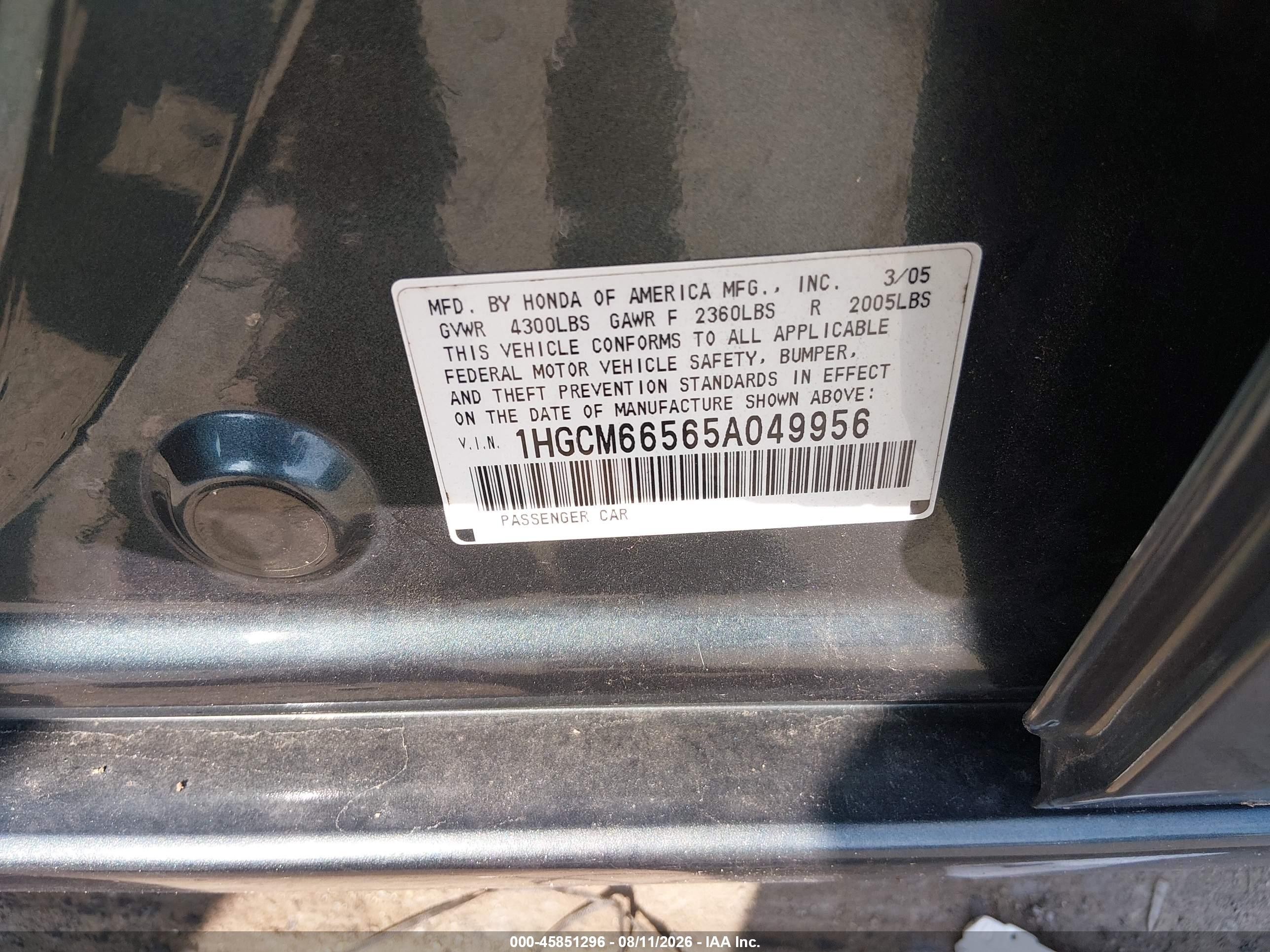 2005 Honda Accord 3.0 Ex Green vin: 1HGCM66565A049956