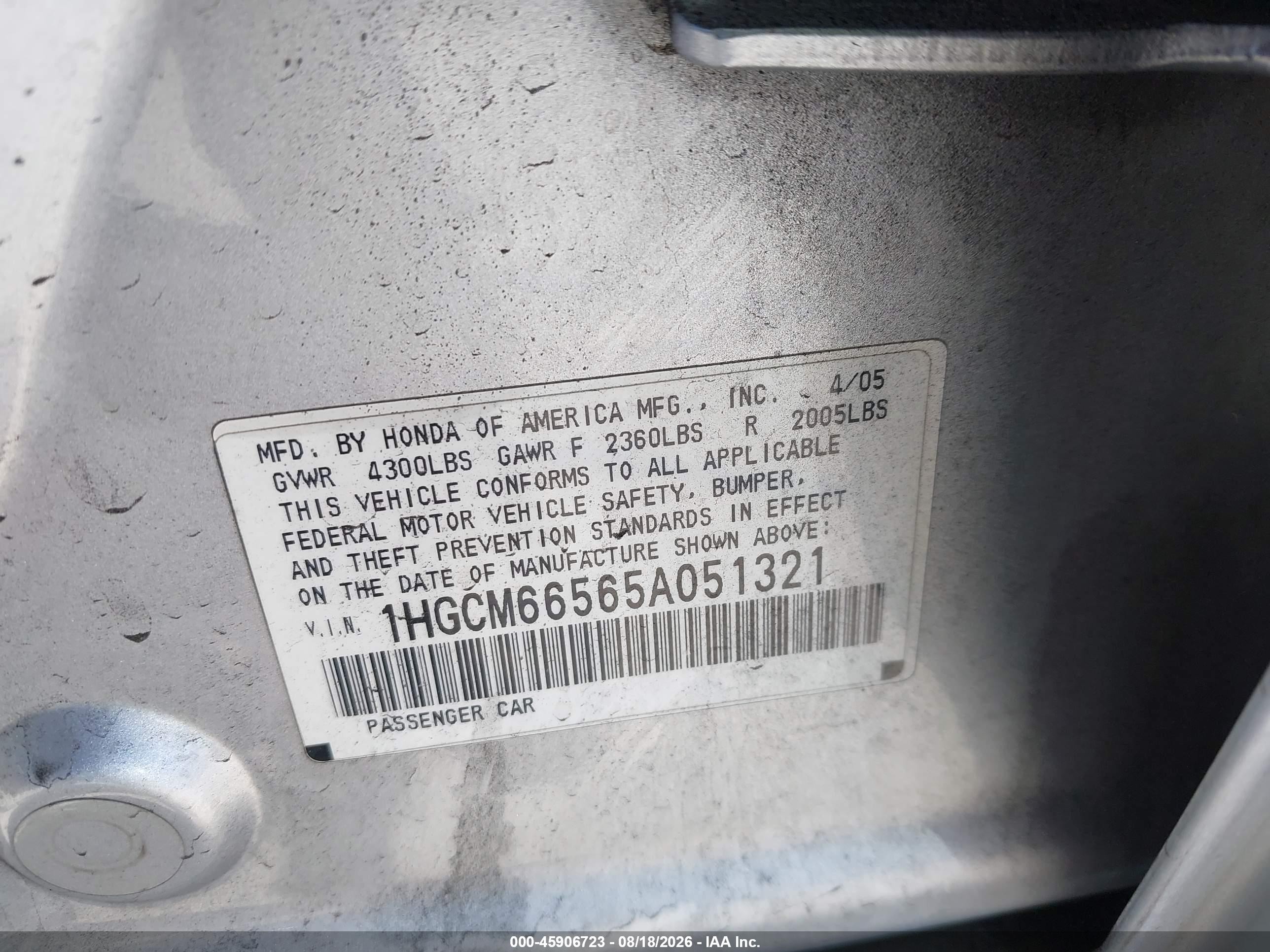 2005 Honda Accord 3.0 Ex Silver vin: 1HGCM66565A051321